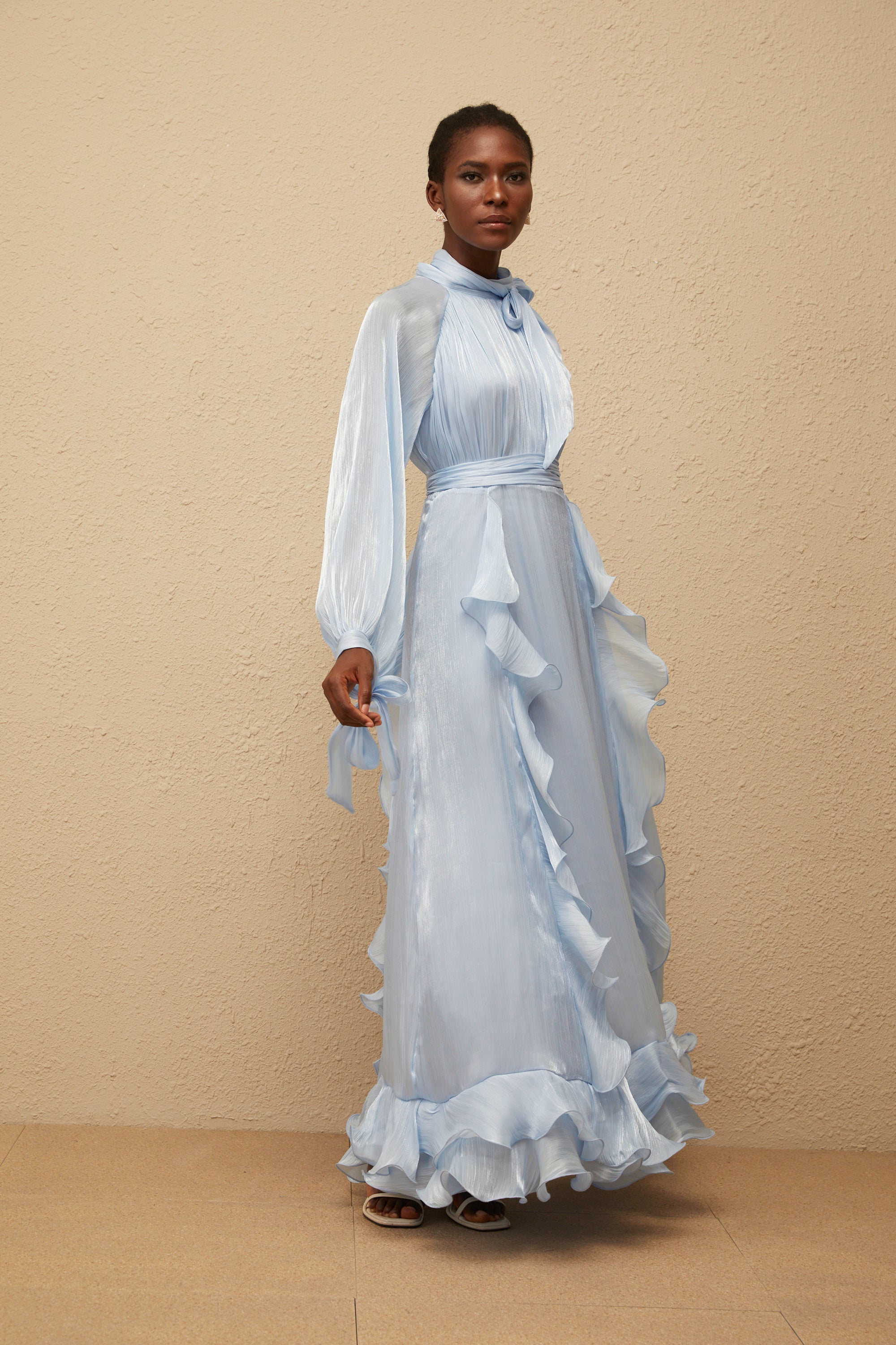 Nanette Blue Glossy Pleated Maxi Dress (Final Sale-US Only)