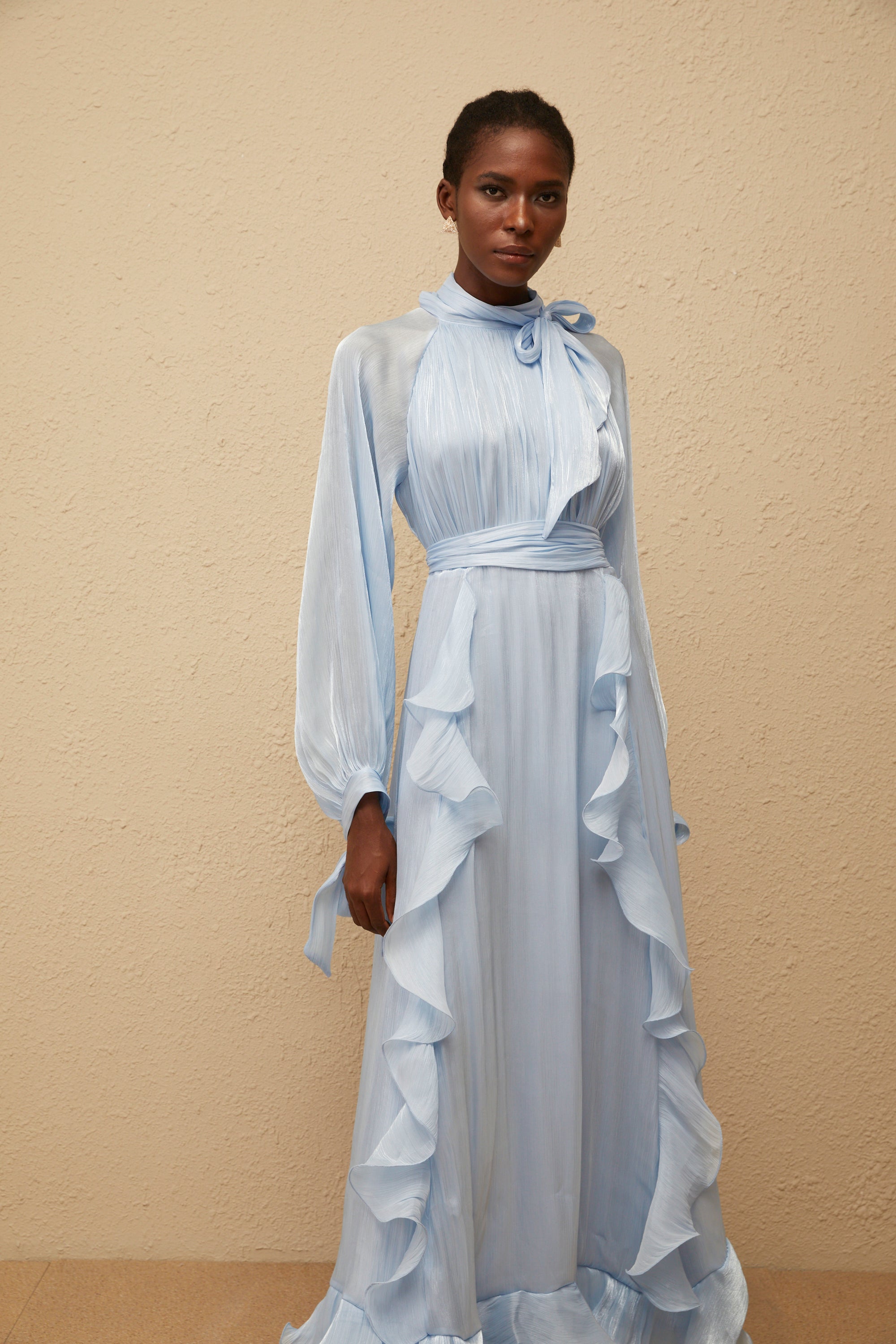 Nanette Blue Glossy Pleated Maxi Dress (Final Sale-US Only)
