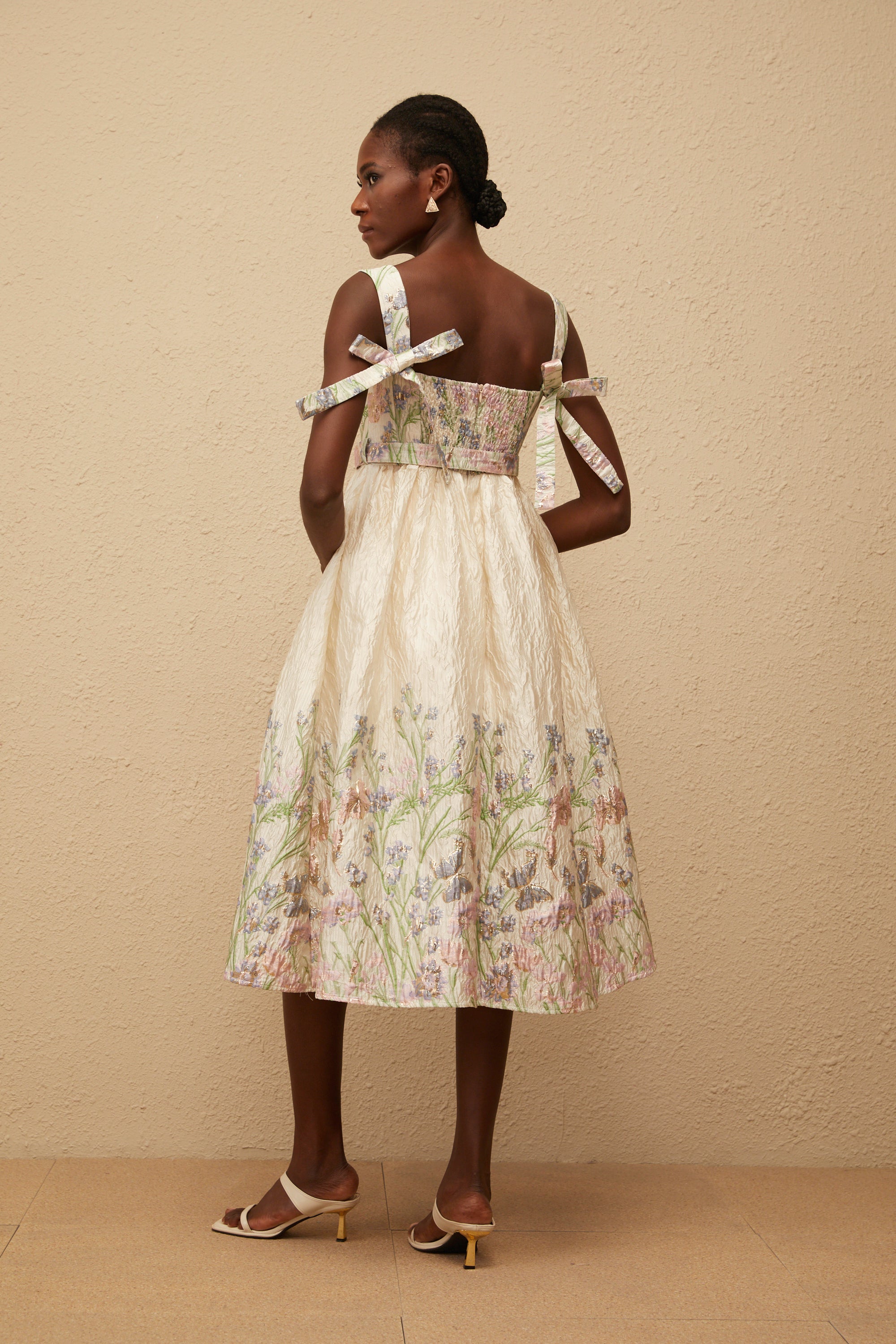 Inaya Neutral Jacquard Floral Midi Dress