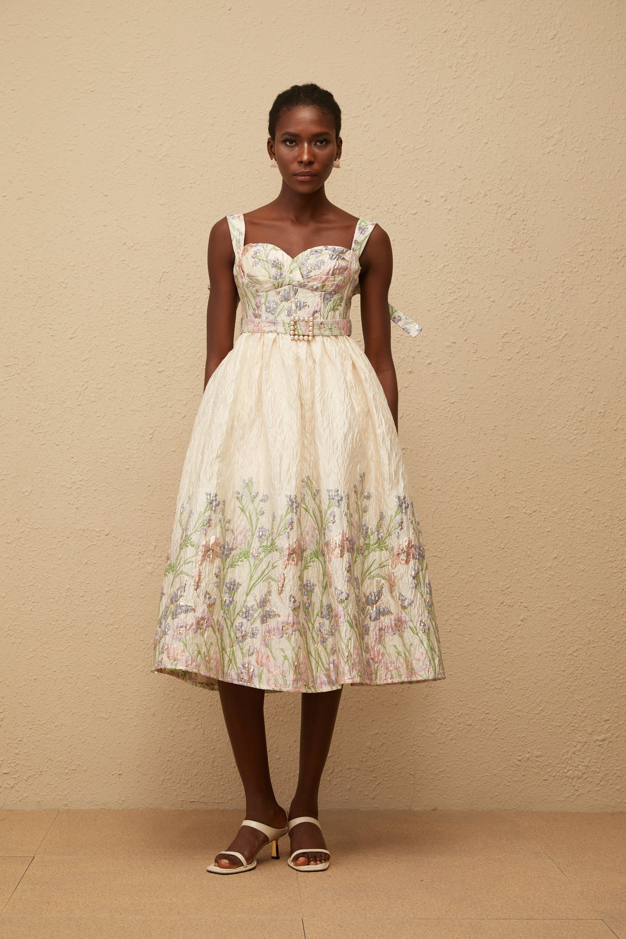 Inaya Neutral Jacquard Floral Midi Dress