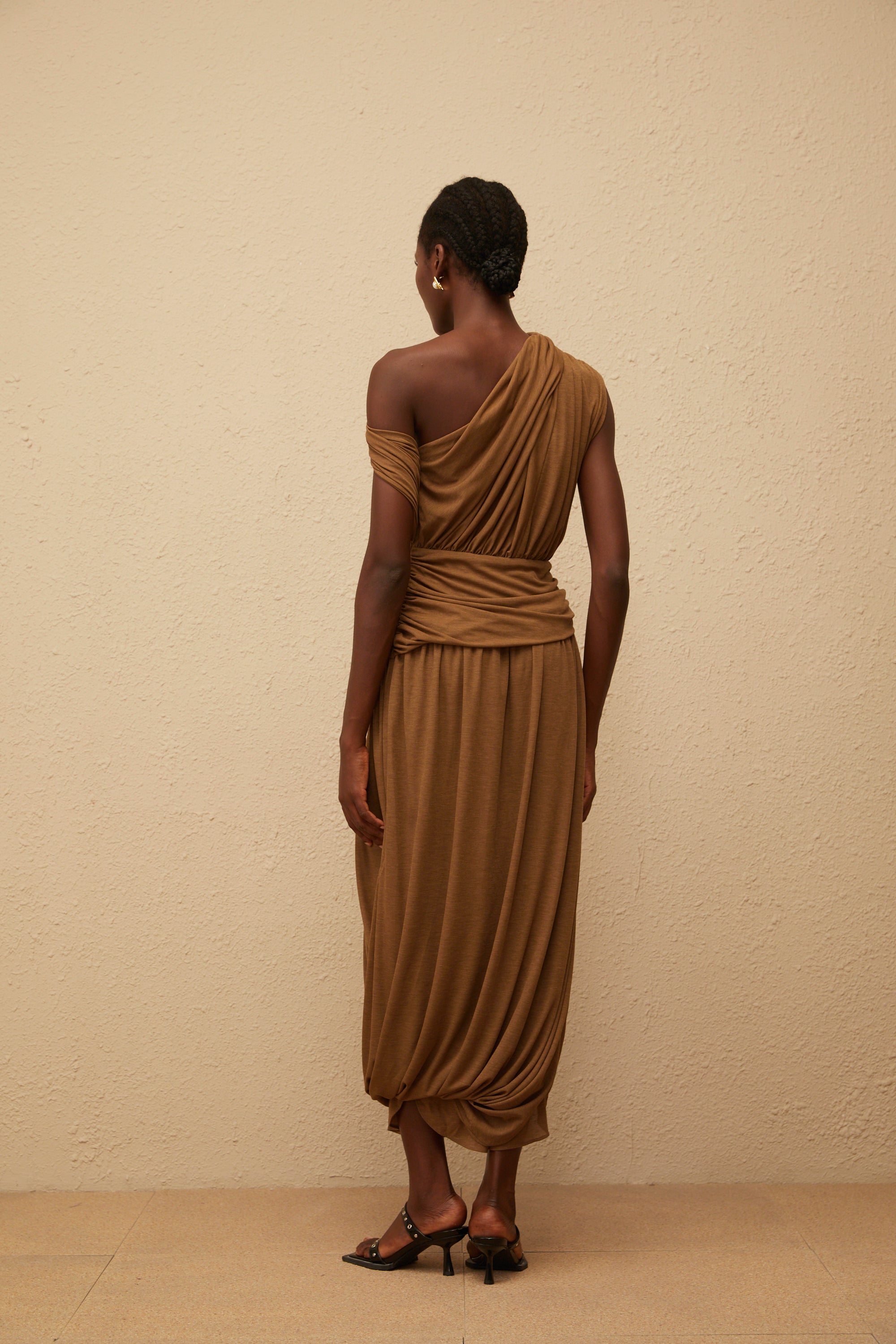Catarina Brown Asymmetrical Ruched Maxi Dress