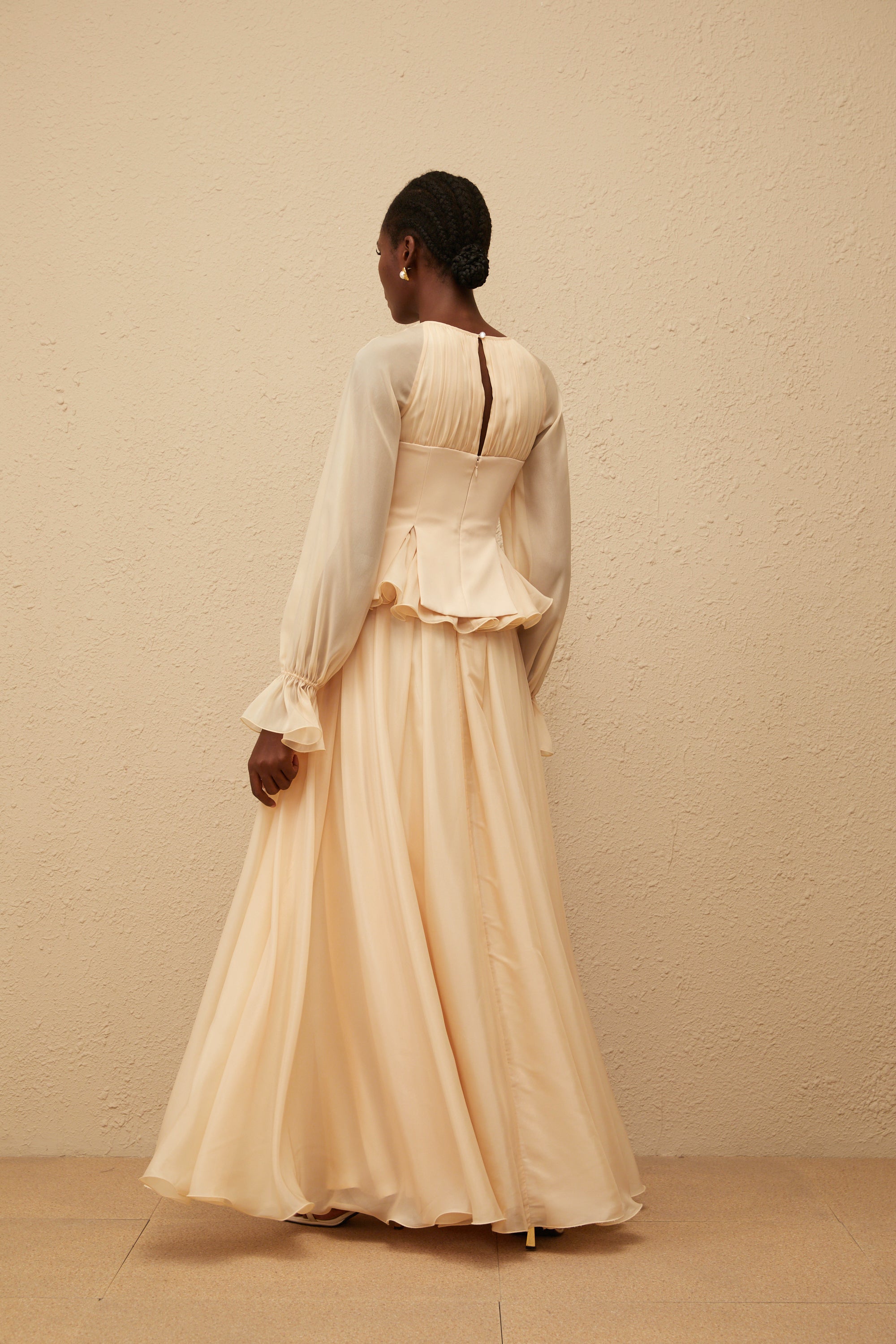 Zéphyrine Neutral Shirred Chiffon Blouse & Skirt Set