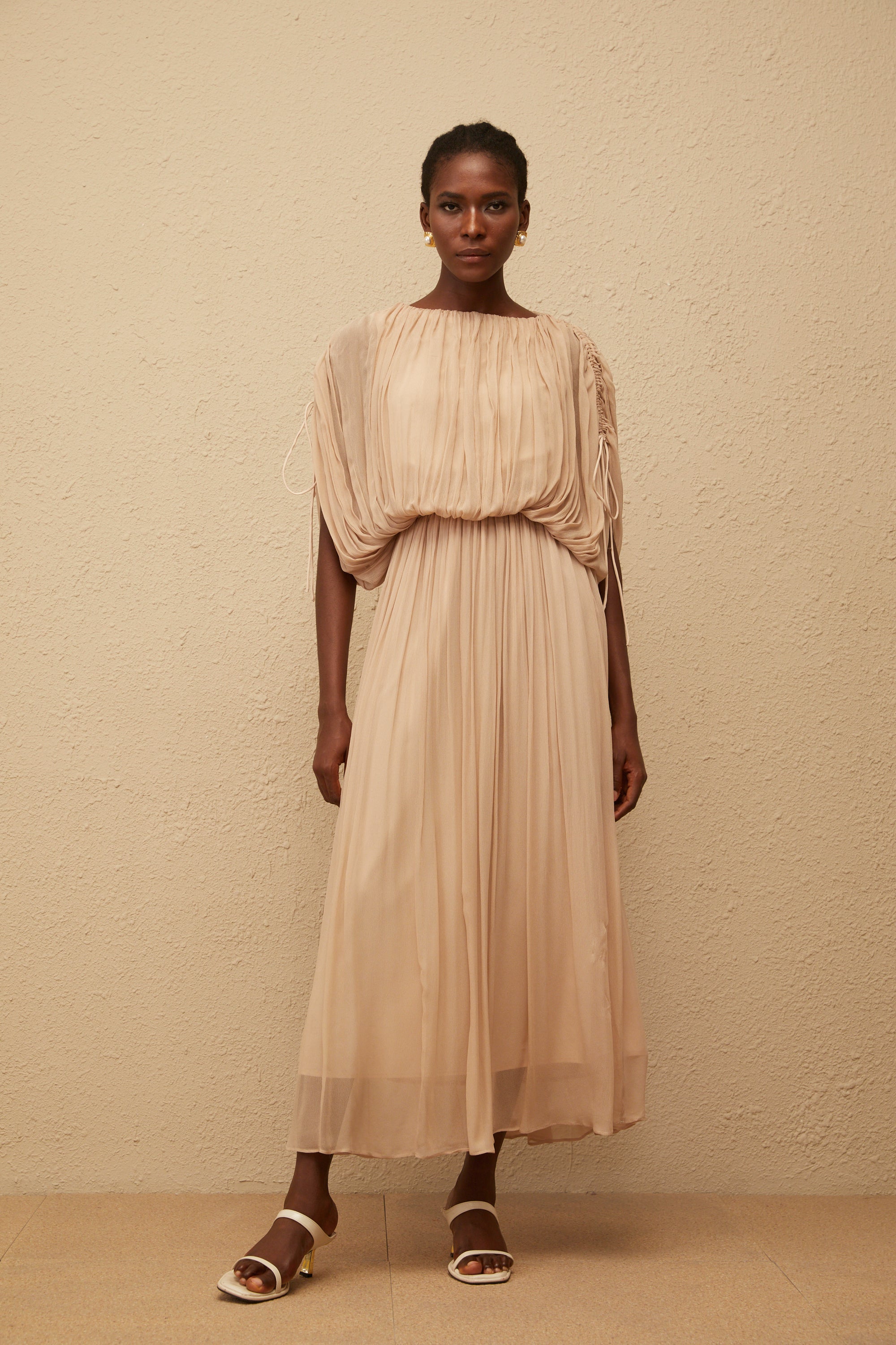 Charitina Neutral Fully Pleated Blouse & Skirt Set