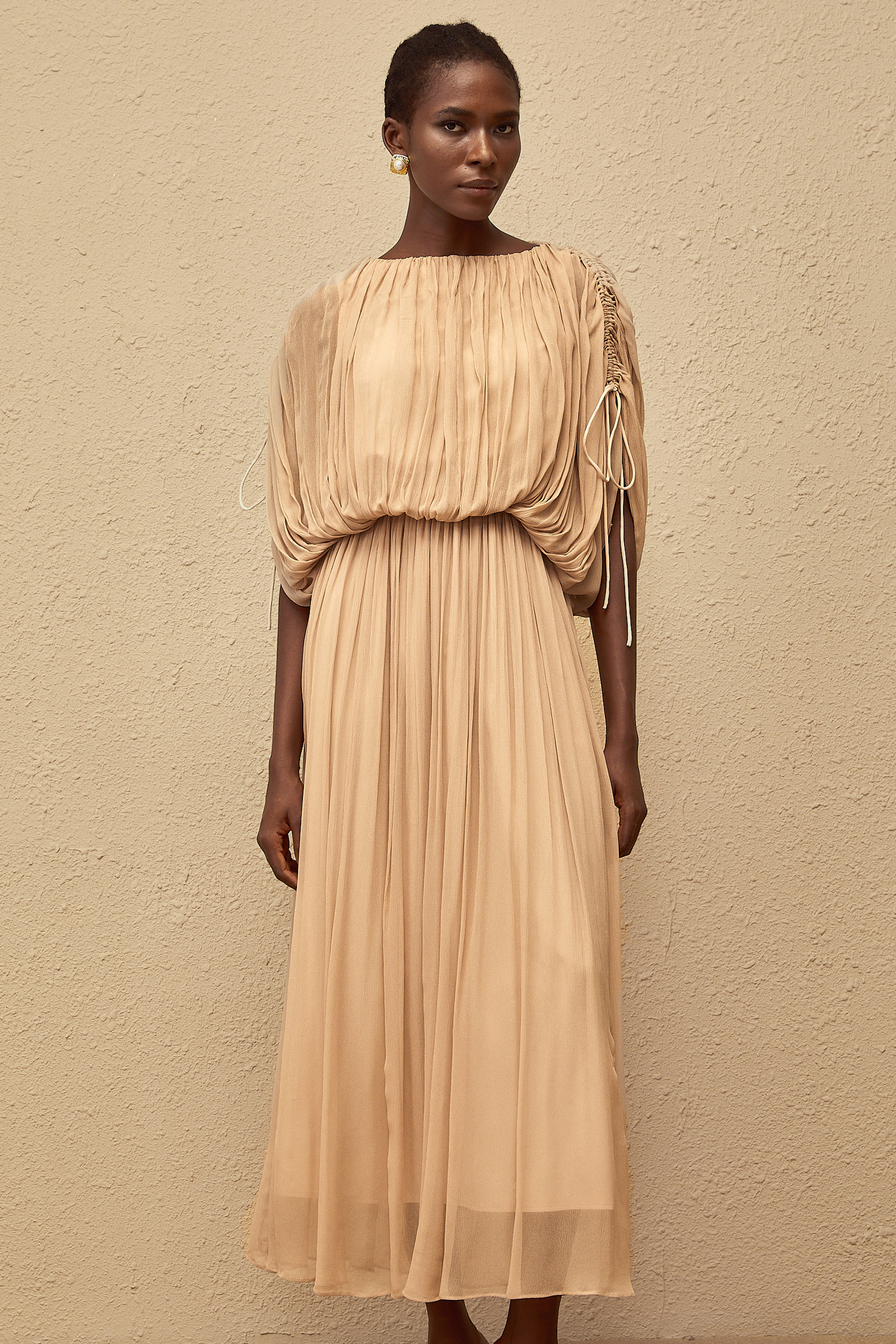 Charitina Neutral Fully Pleated Blouse & Skirt Set