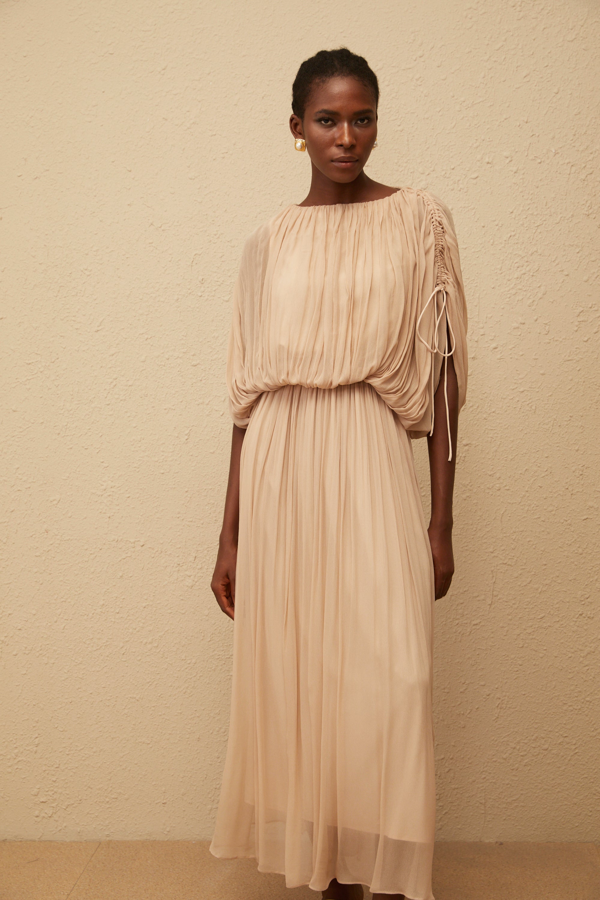Charitina Neutral Fully Pleated Blouse & Skirt Set