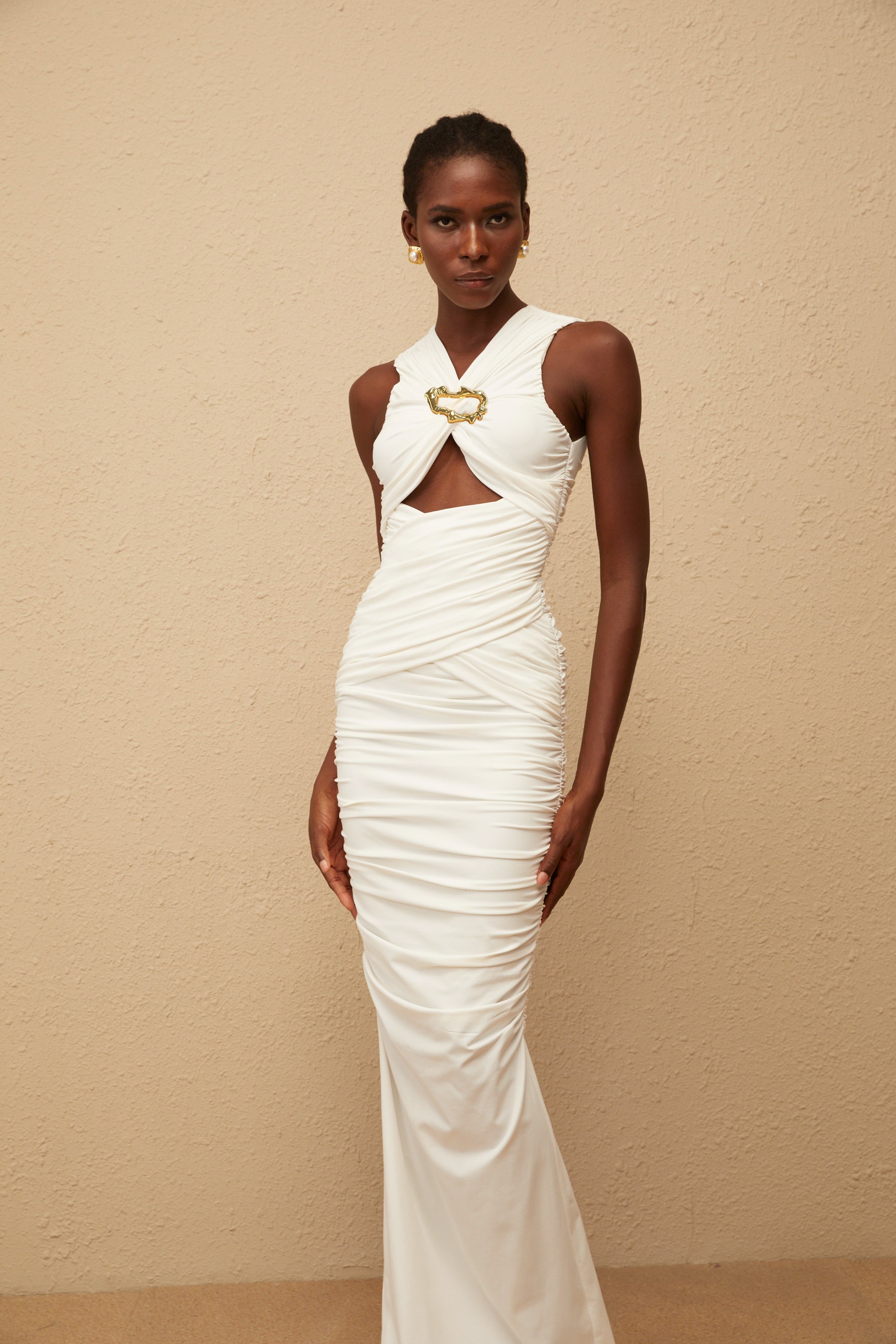 Capucine White Ruched Corset Maxi Dress (Final Sale-US Only)