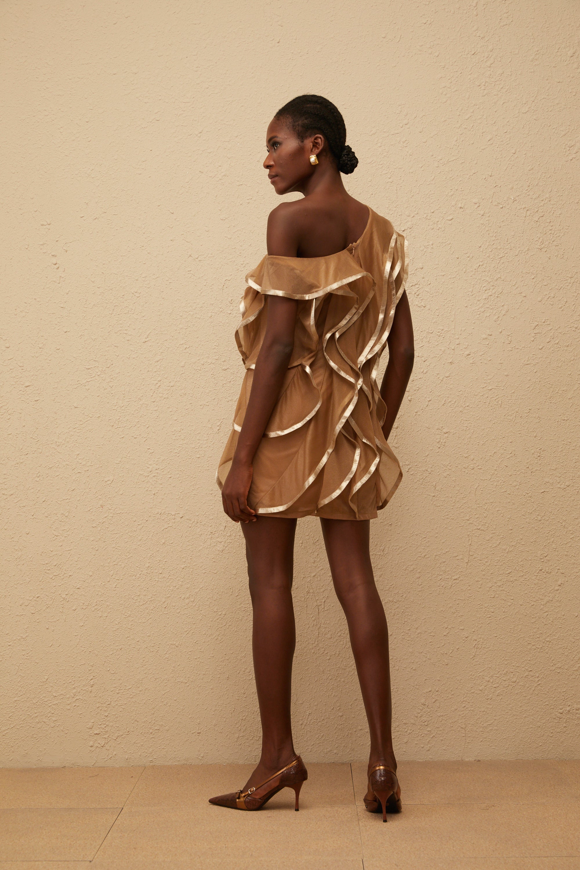 Alchimie Brown Ruffled Tulle Mini Dress