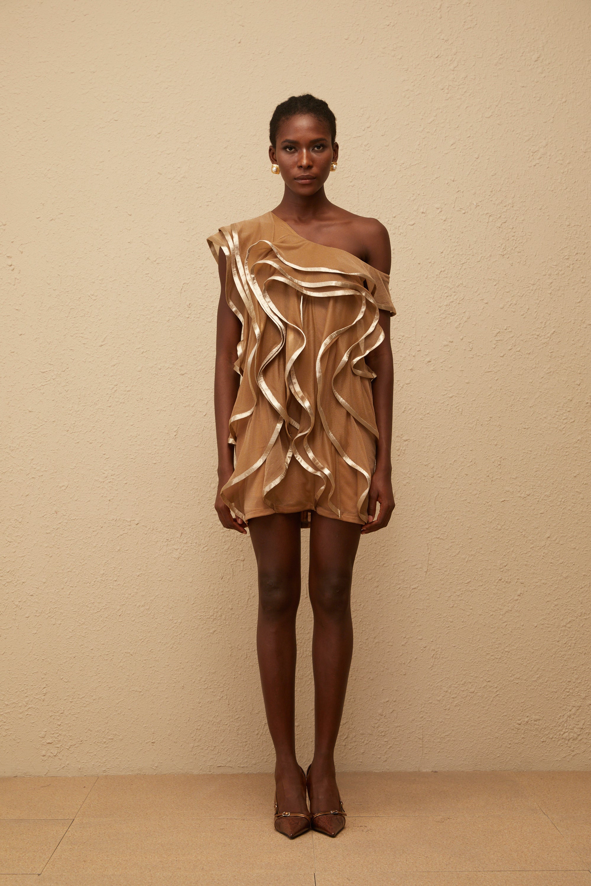Alchimie Brown Ruffled Tulle Mini Dress