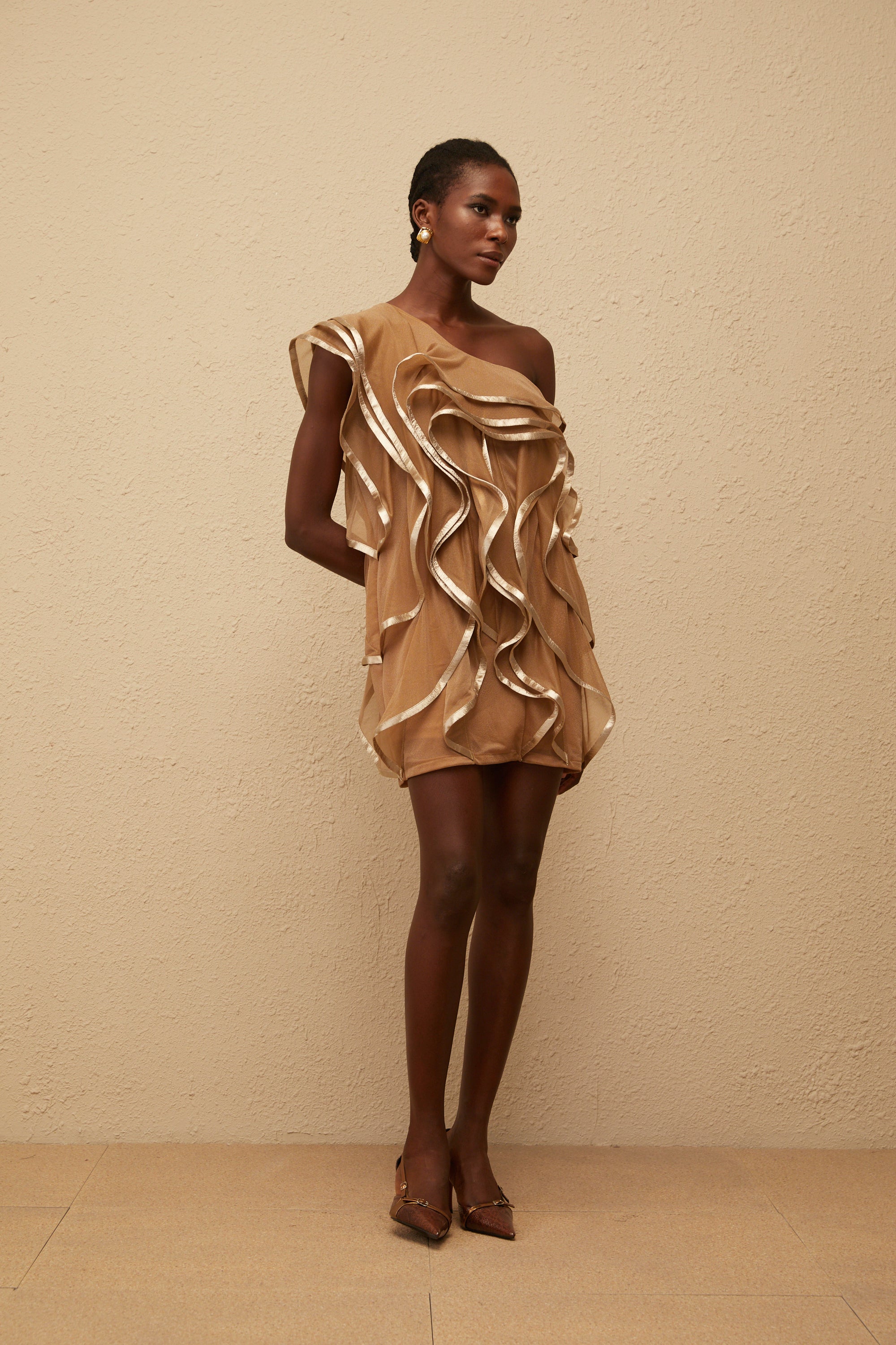 Alchimie Brown Ruffled Tulle Mini Dress