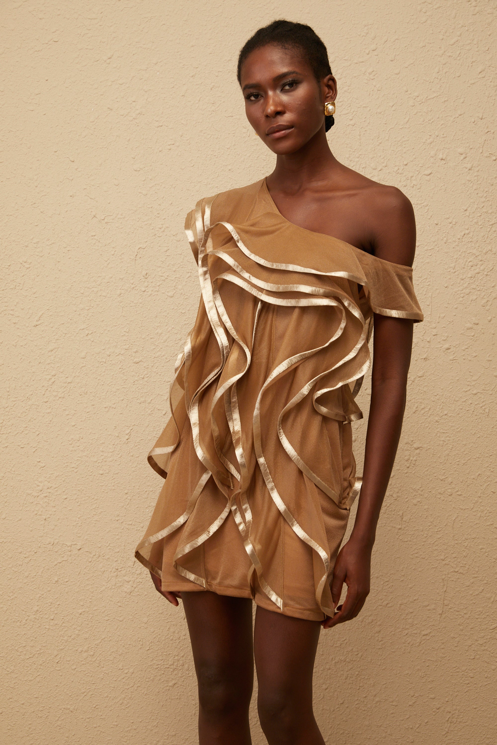 Alchimie Brown Ruffled Tulle Mini Dress