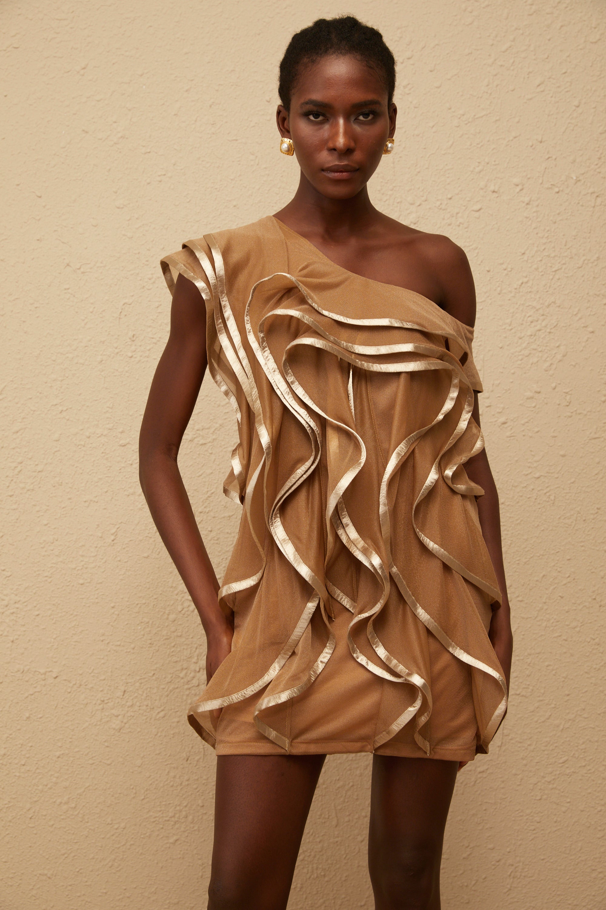 Alchimie Brown Ruffled Tulle Mini Dress