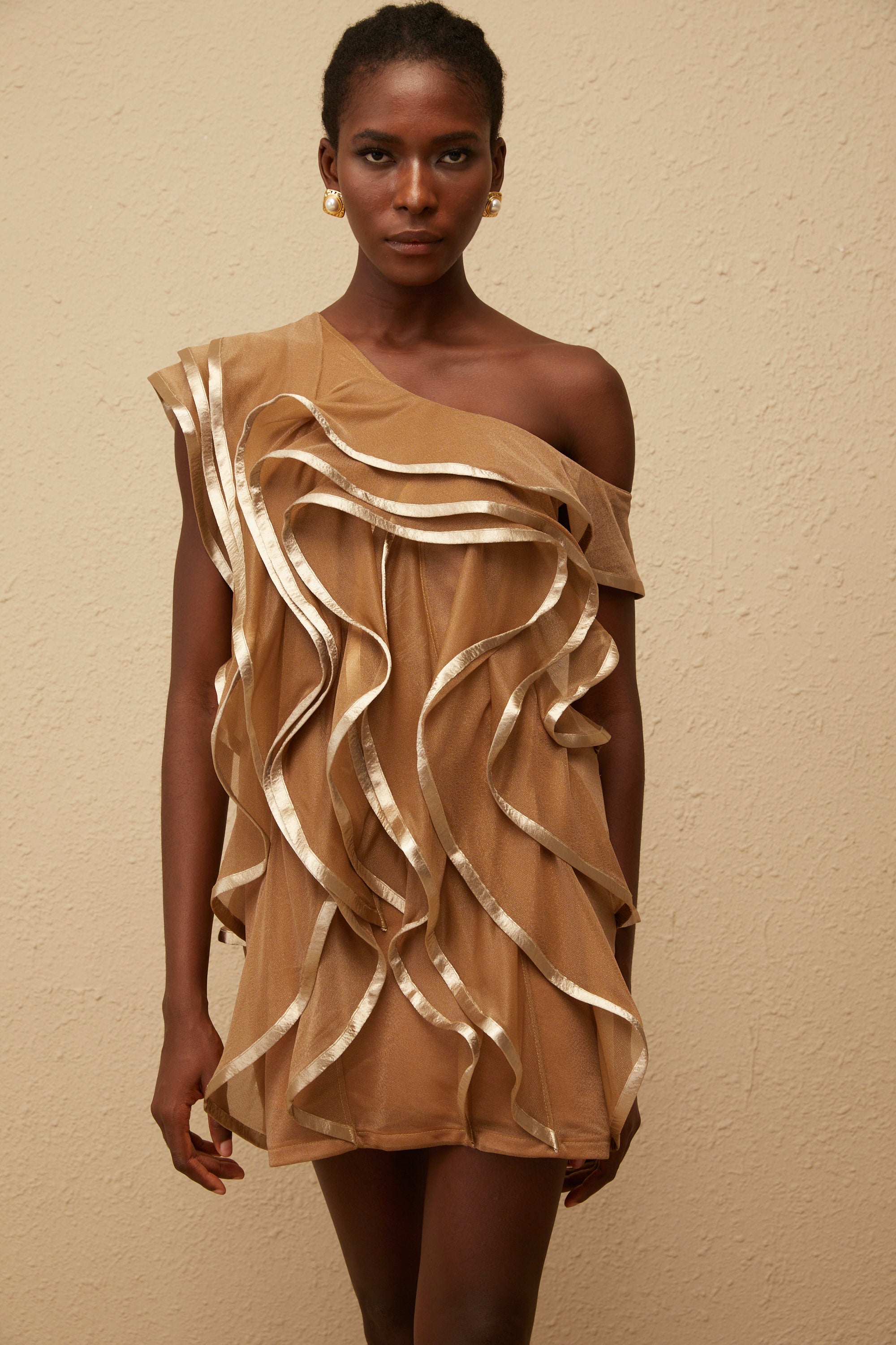 Alchimie Brown Ruffled Tulle Mini Dress