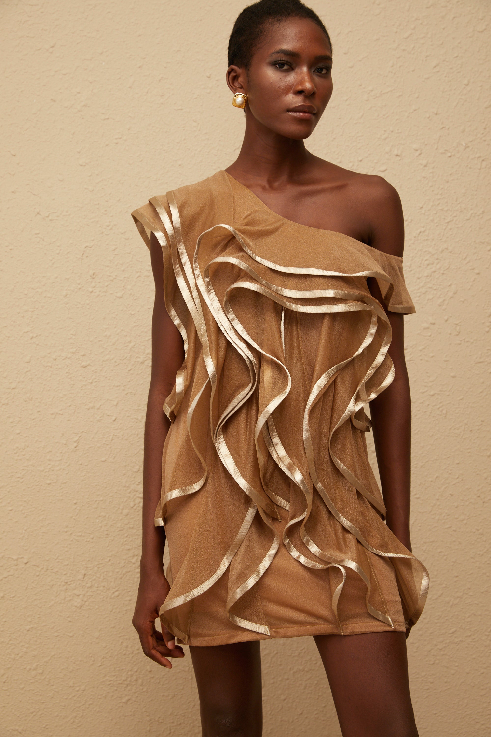 Alchimie Brown Ruffled Tulle Mini Dress