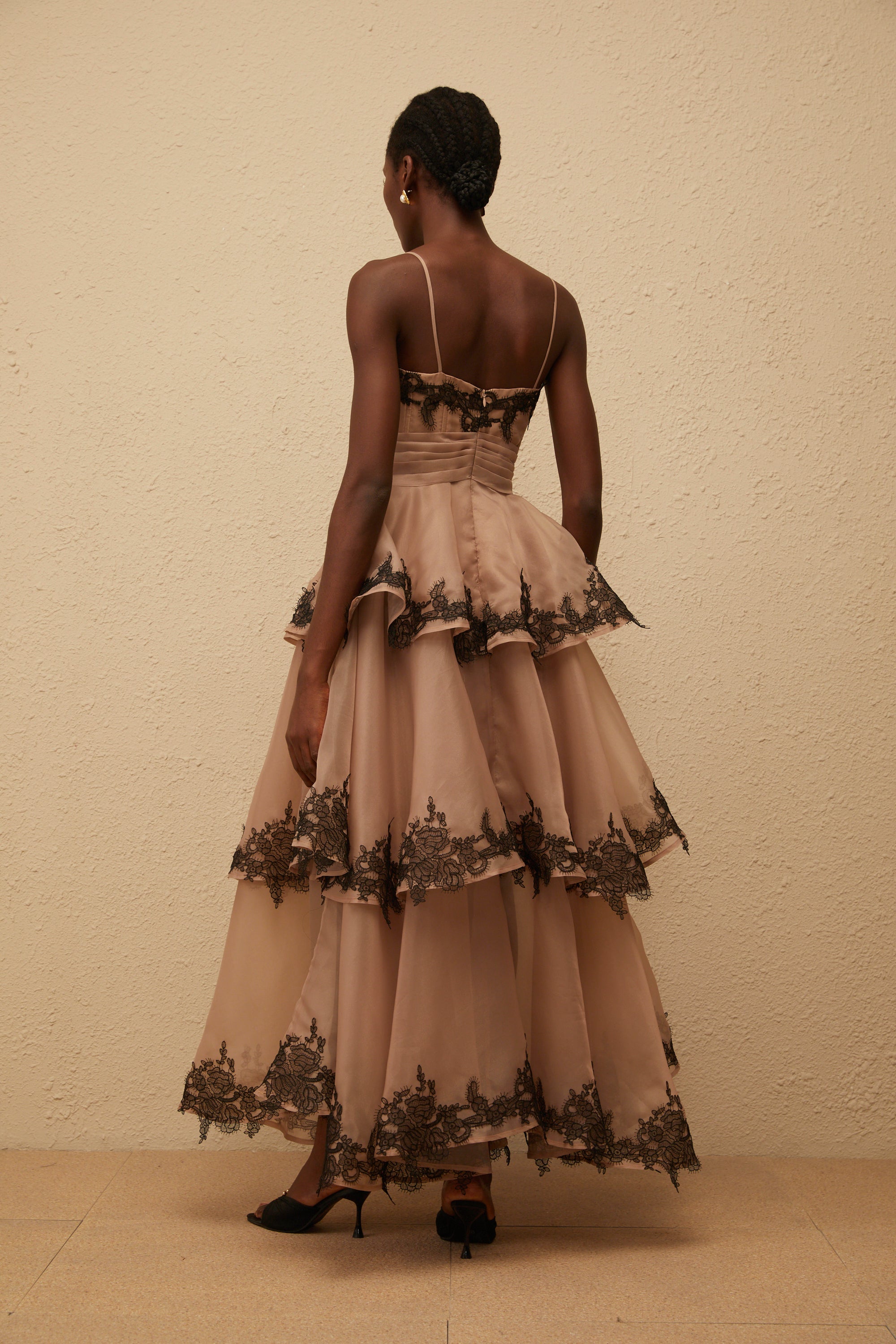 Frideborg Brown Tiered Tulle Maxi Dress