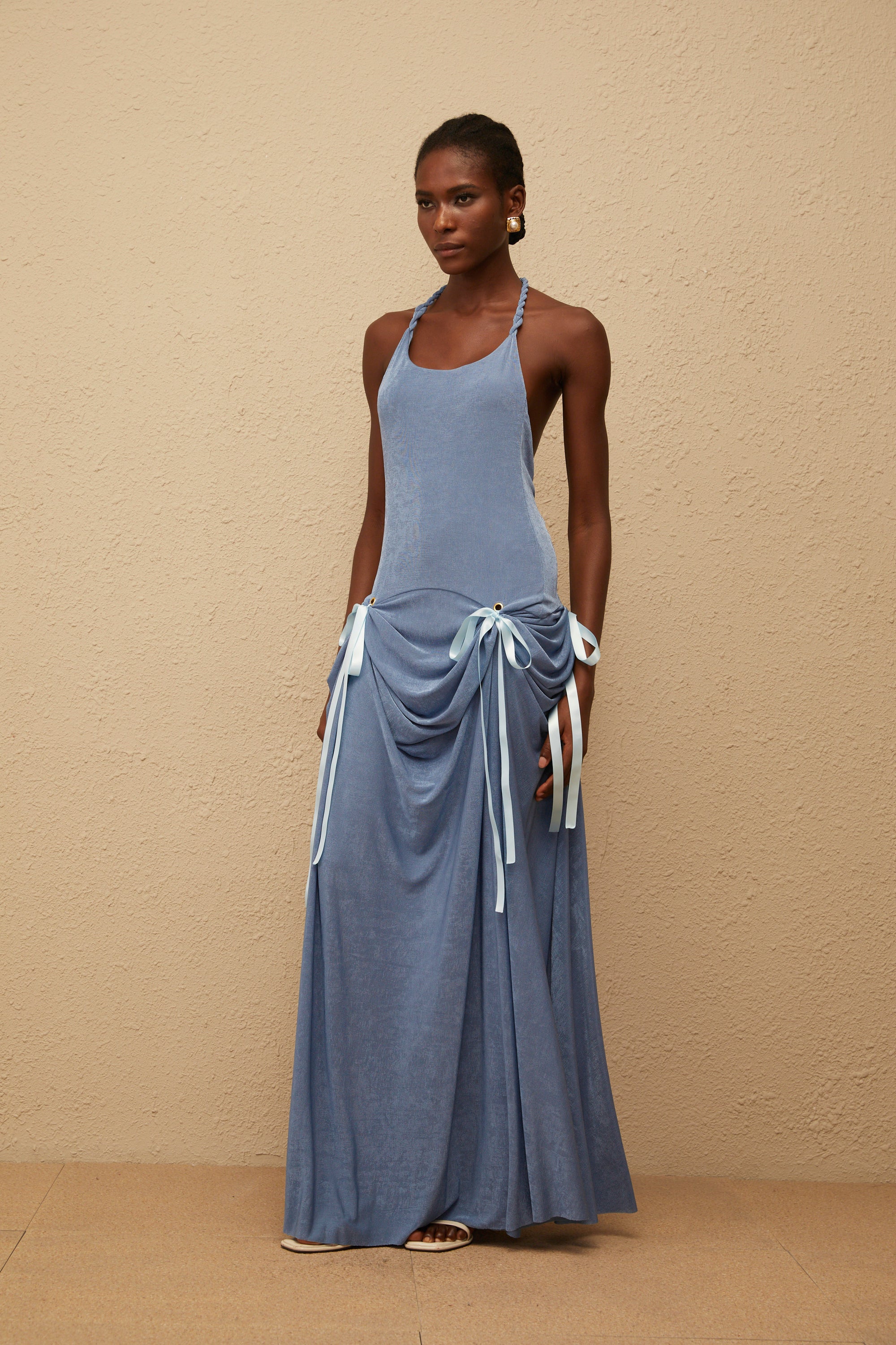 Adèle Blue Bowknot Velvet Maxi Dress (Final Sale)