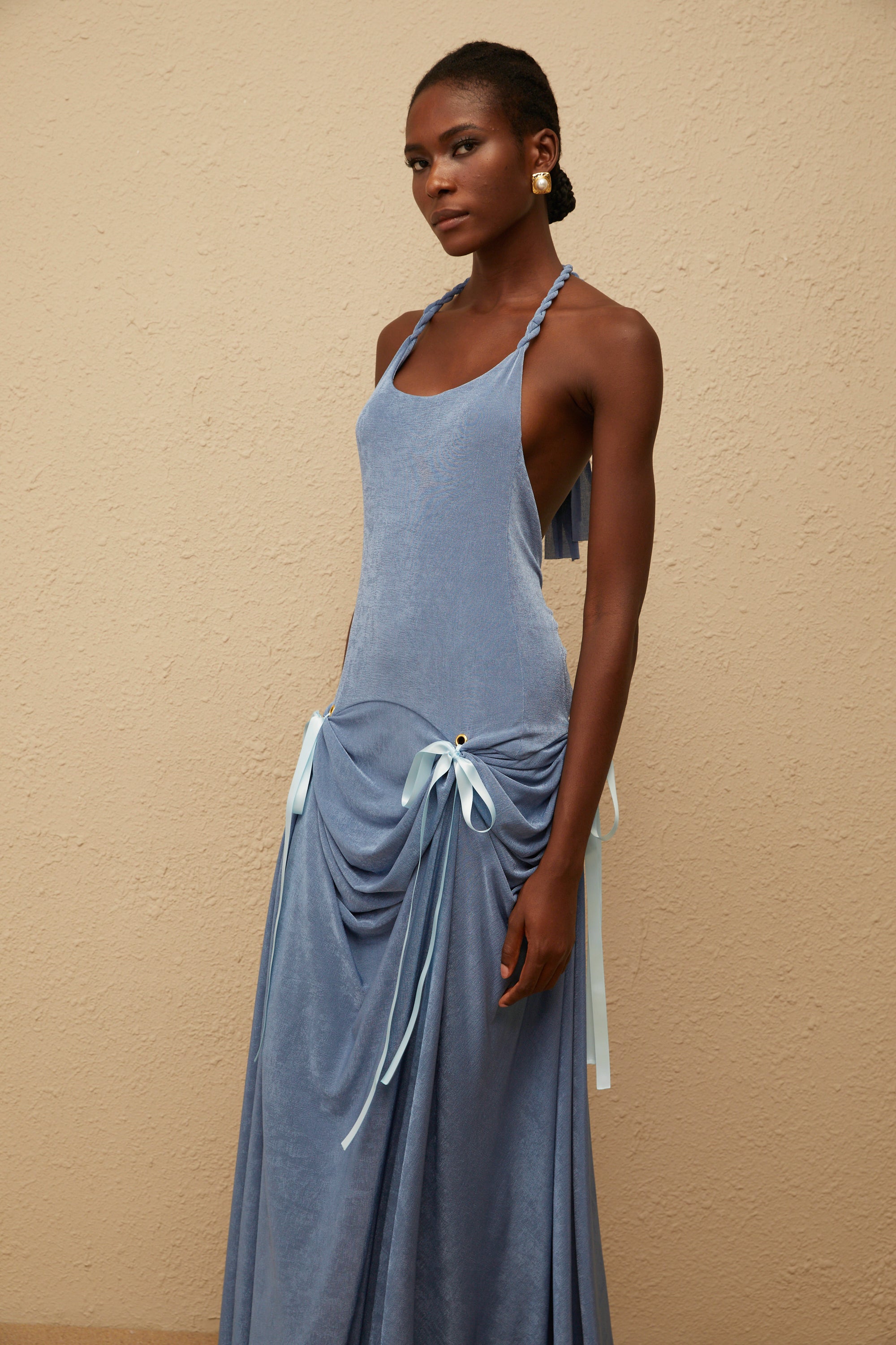 Adèle Blue Bowknot Velvet Maxi Dress (Final Sale)