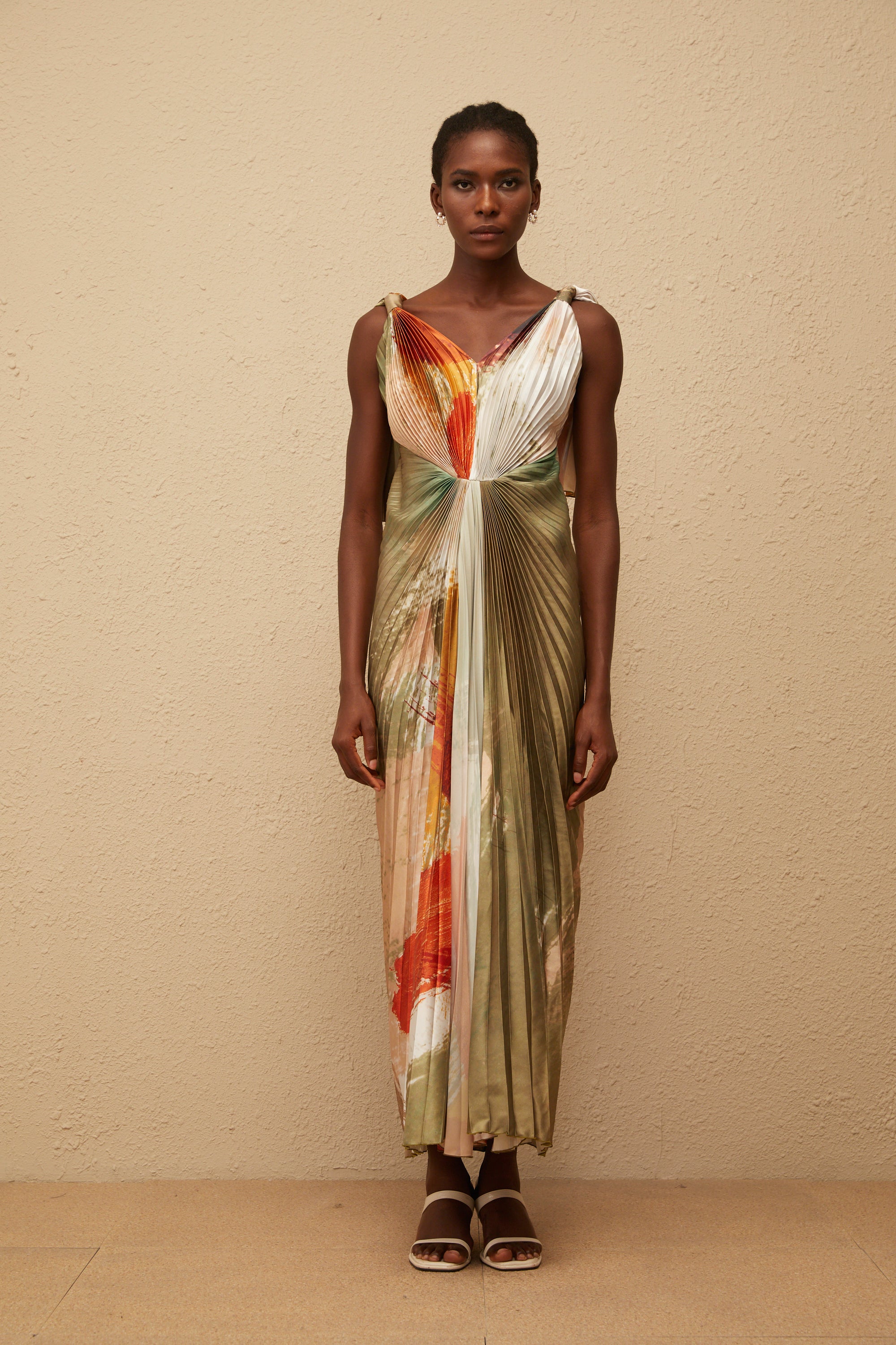 Giulia Green Smudged Graffiti Satin Maxi Dress
