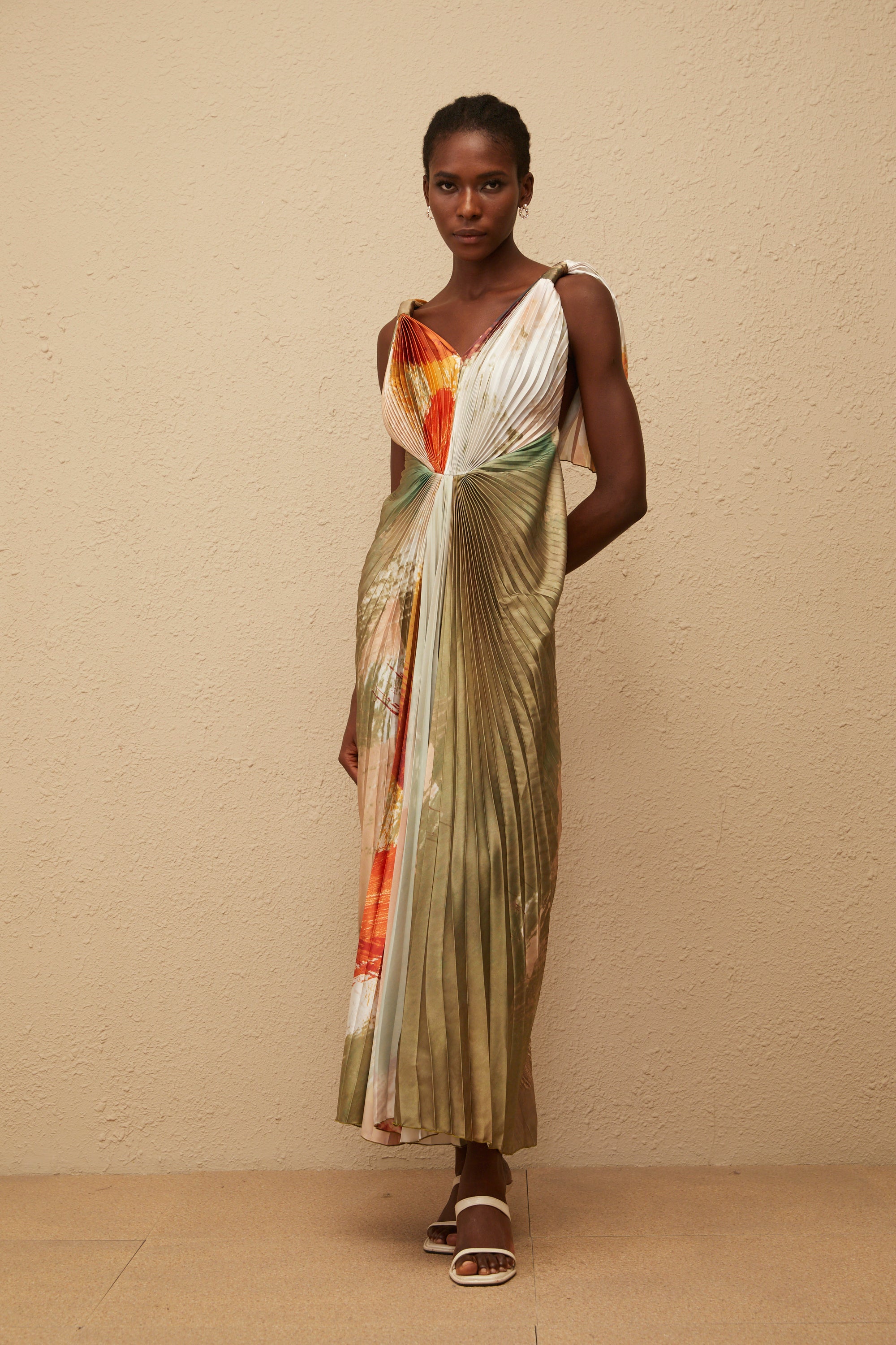 Giulia Green Smudged Graffiti Satin Maxi Dress