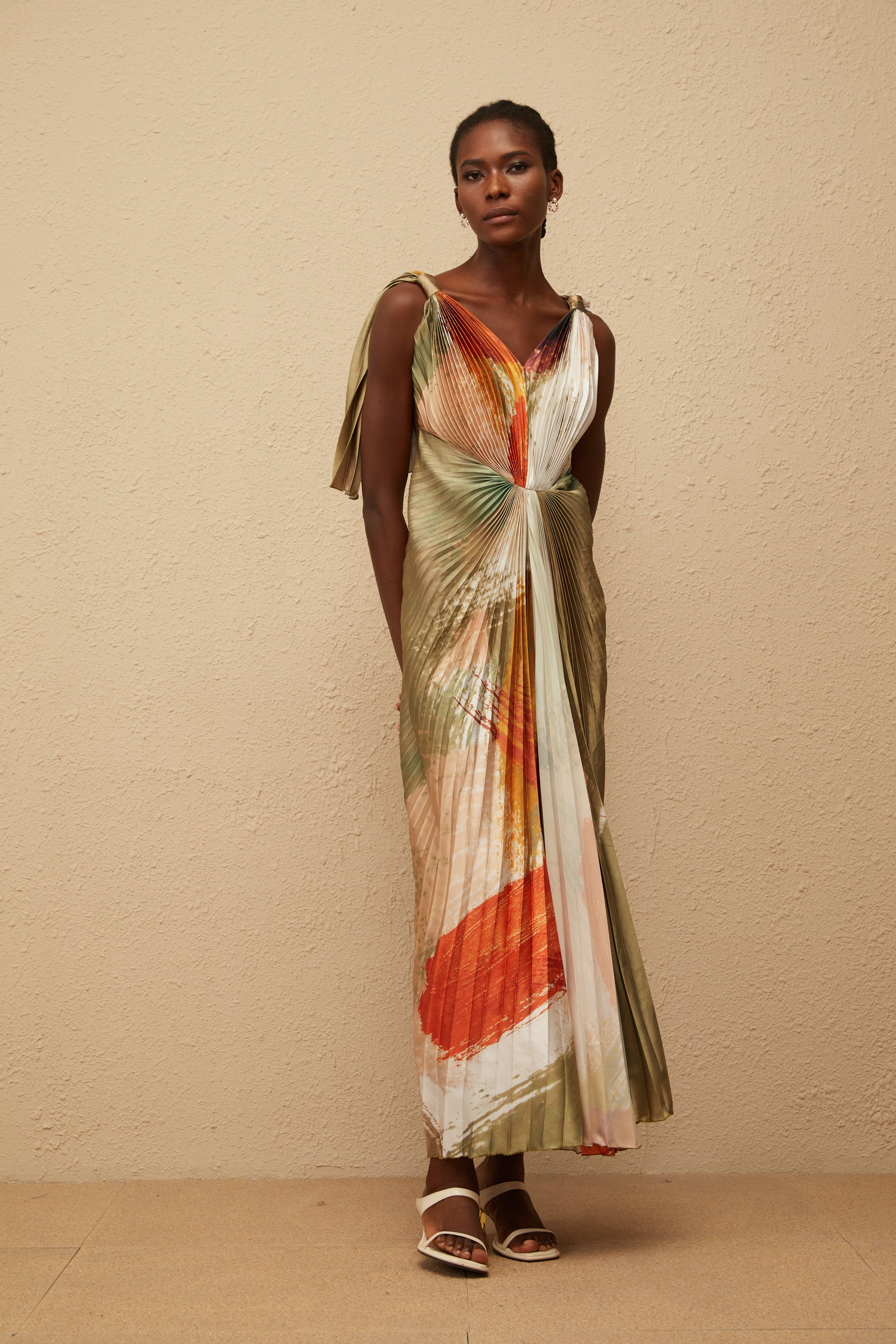 Giulia Green Smudged Graffiti Satin Maxi Dress