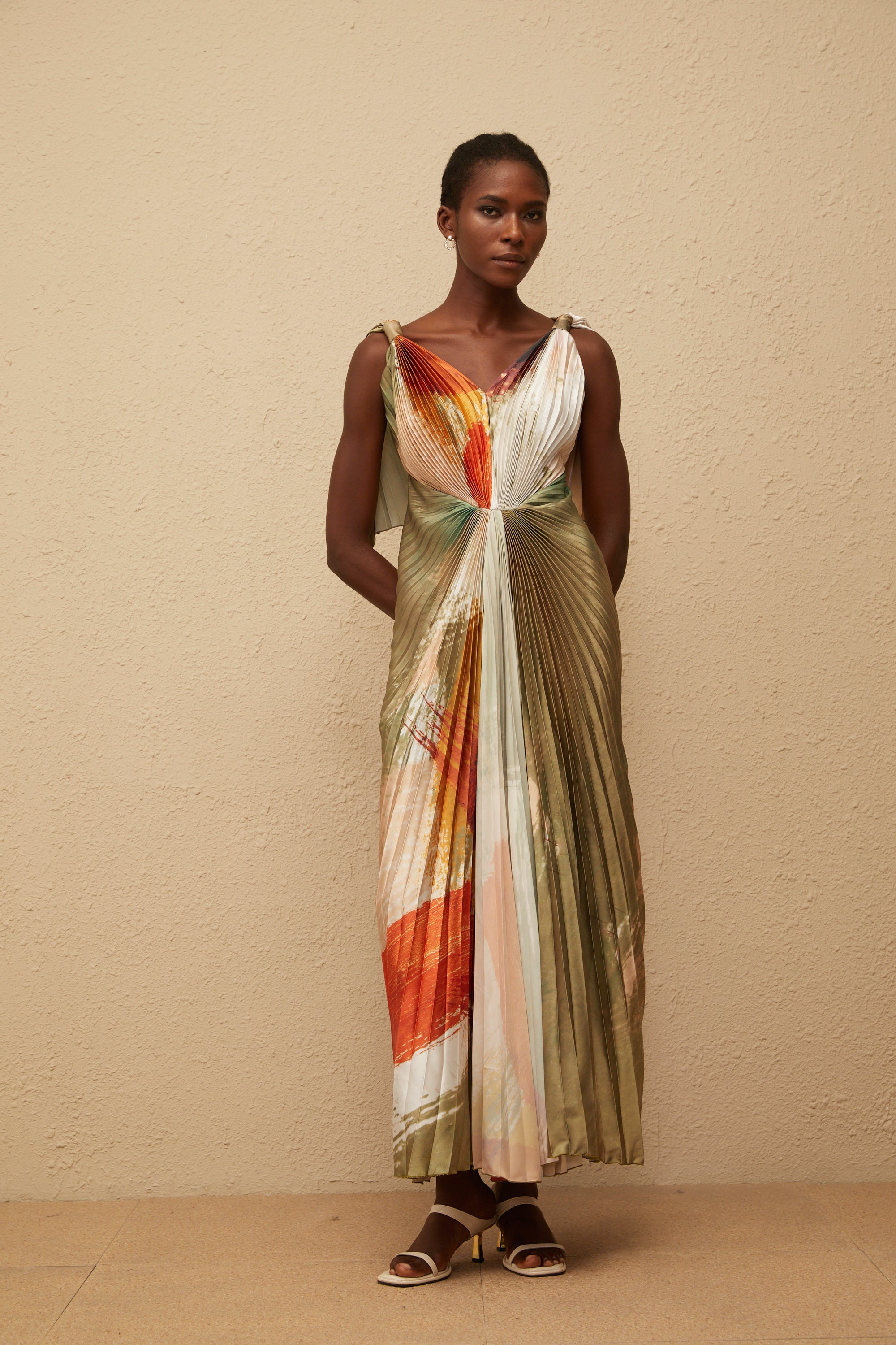 Giulia Green Smudged Graffiti Satin Maxi Dress
