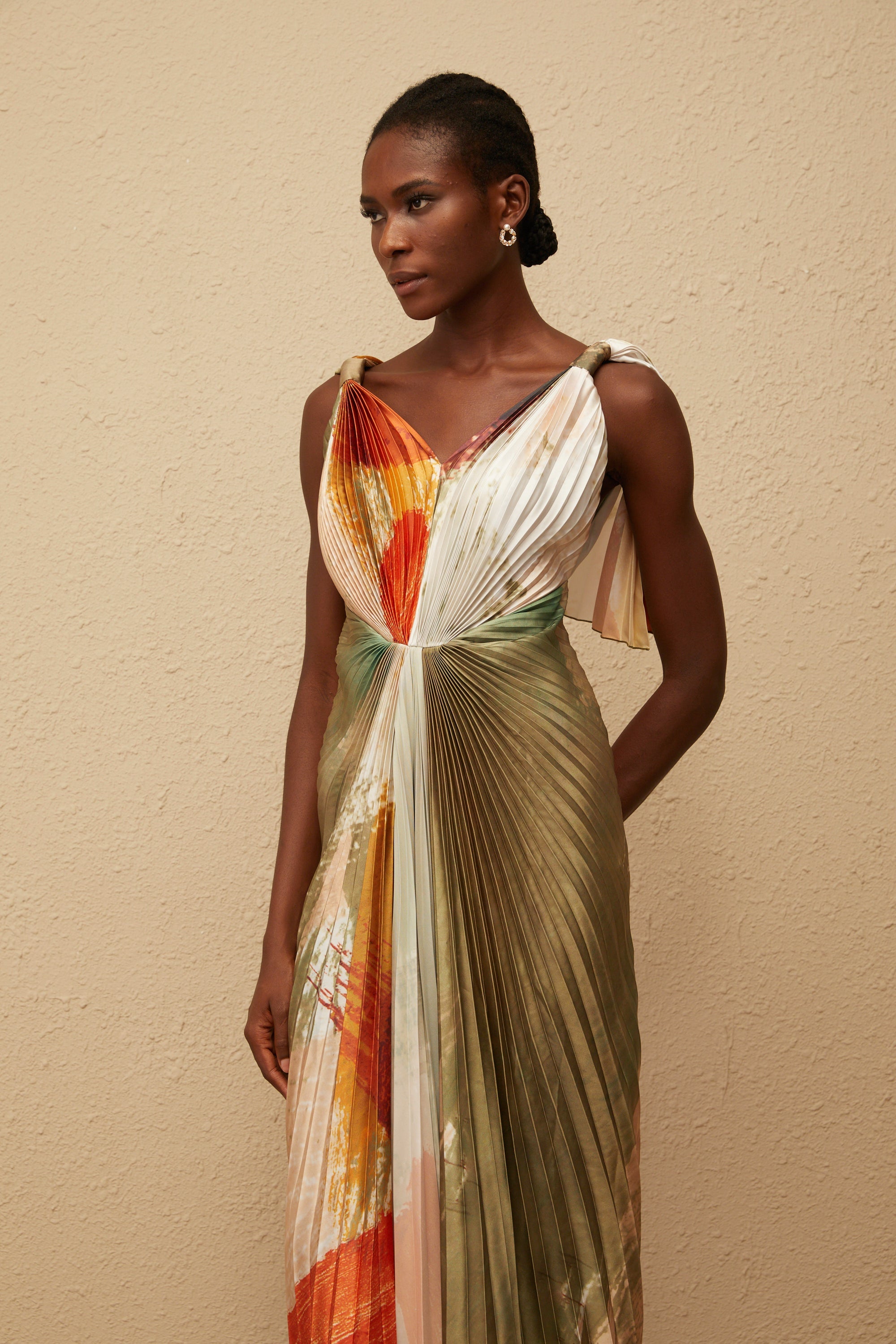Giulia Green Smudged Graffiti Satin Maxi Dress