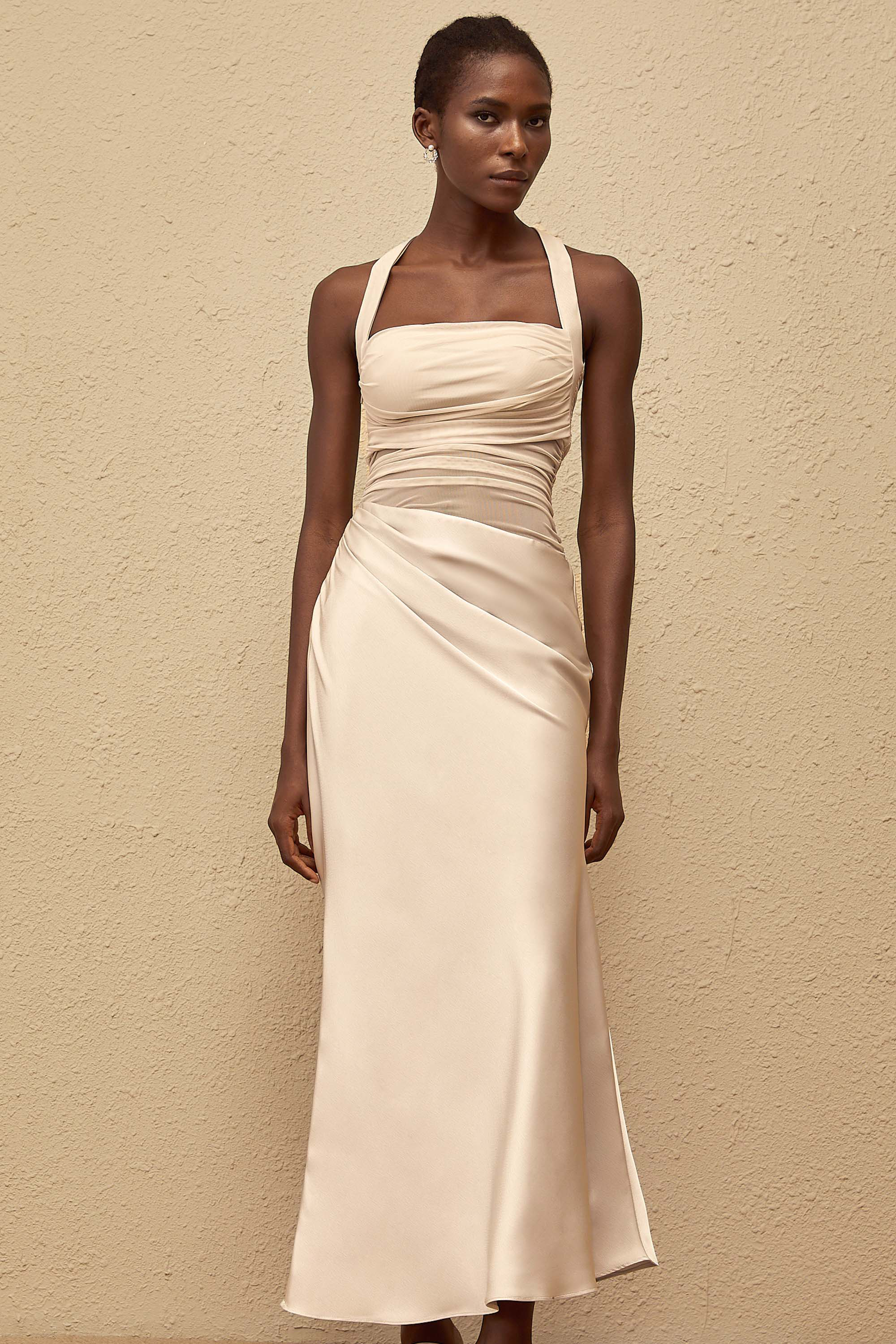 Taina Grey Mesh Panel Ruched Maxi Dress