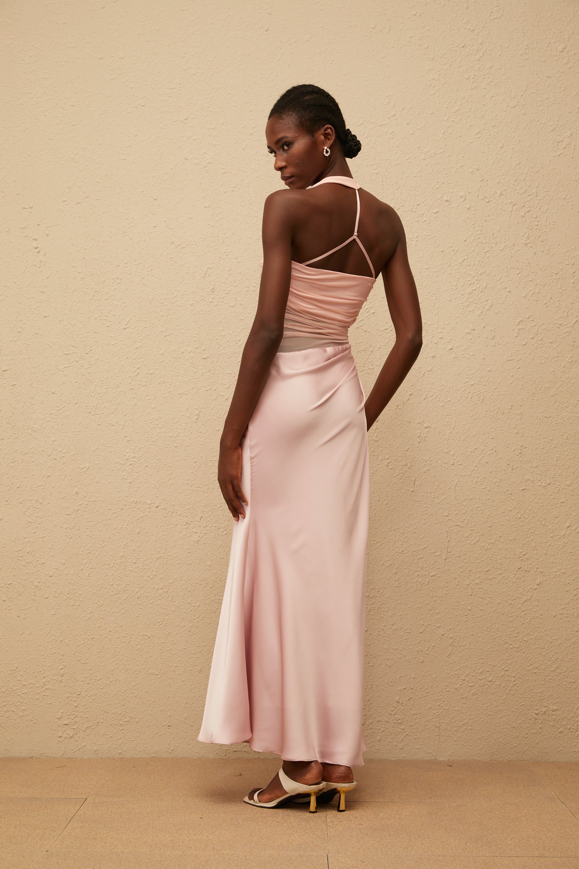 Taina Pink Mesh Panel Ruched Maxi Dress