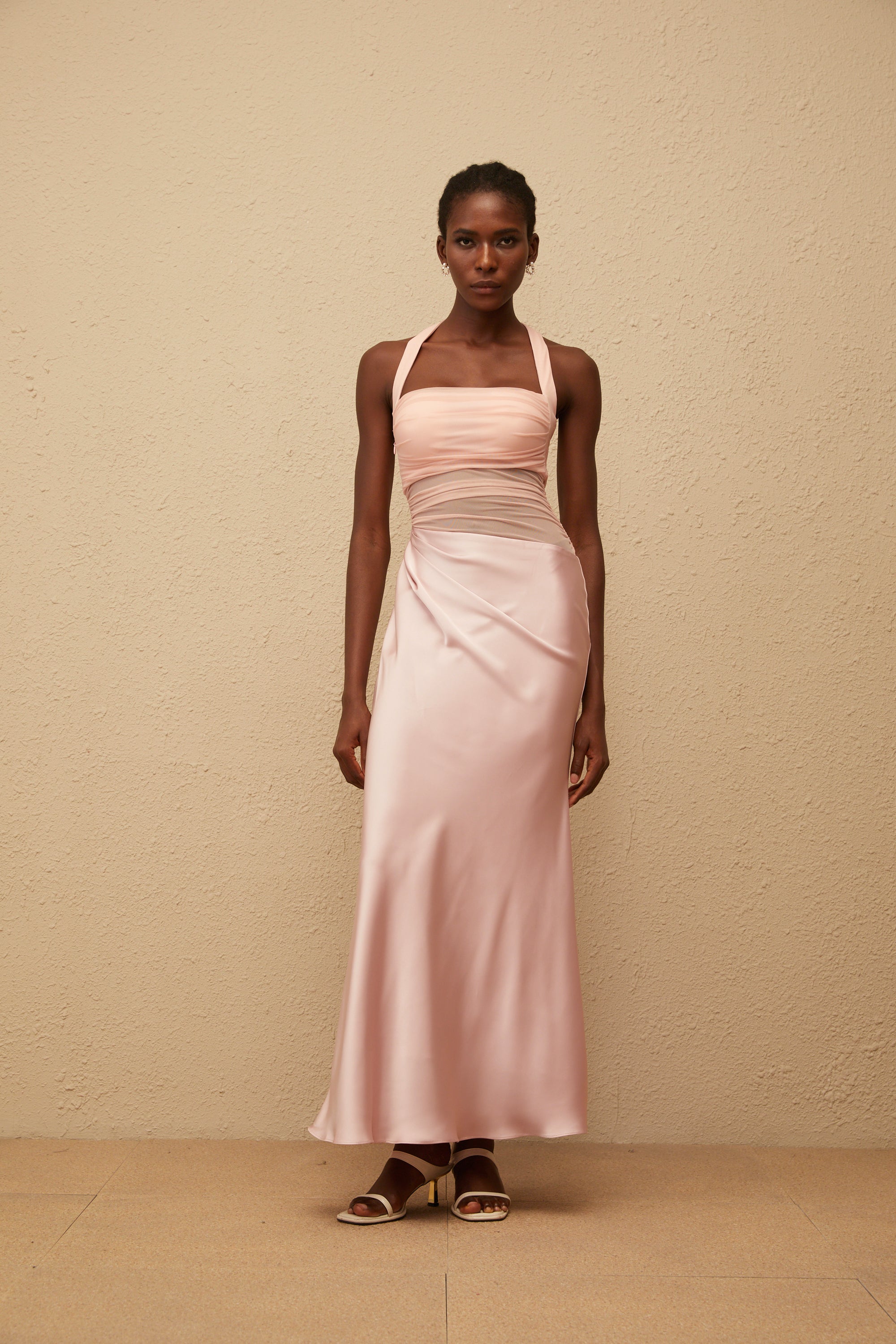 Taina Pink Mesh Panel Ruched Maxi Dress