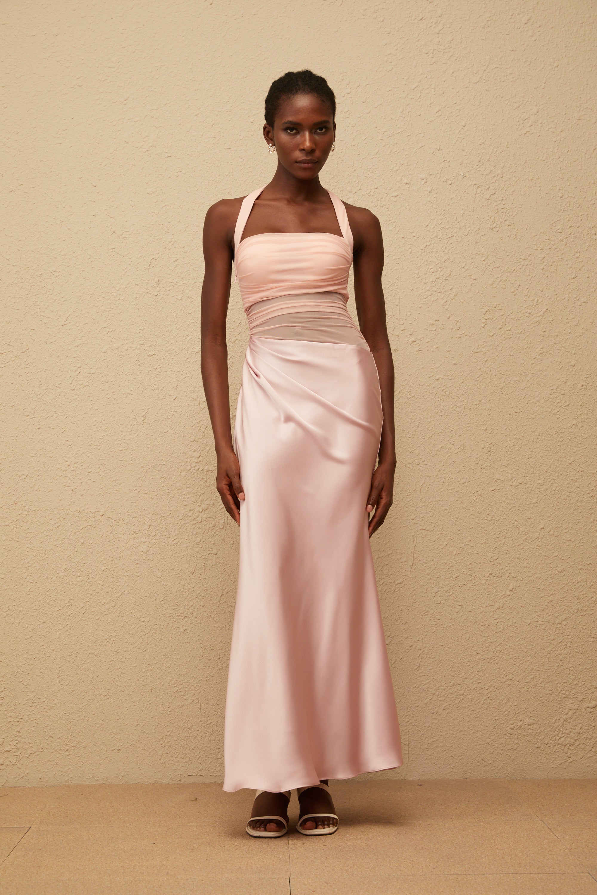 Taina Pink Mesh Panel Ruched Maxi Dress