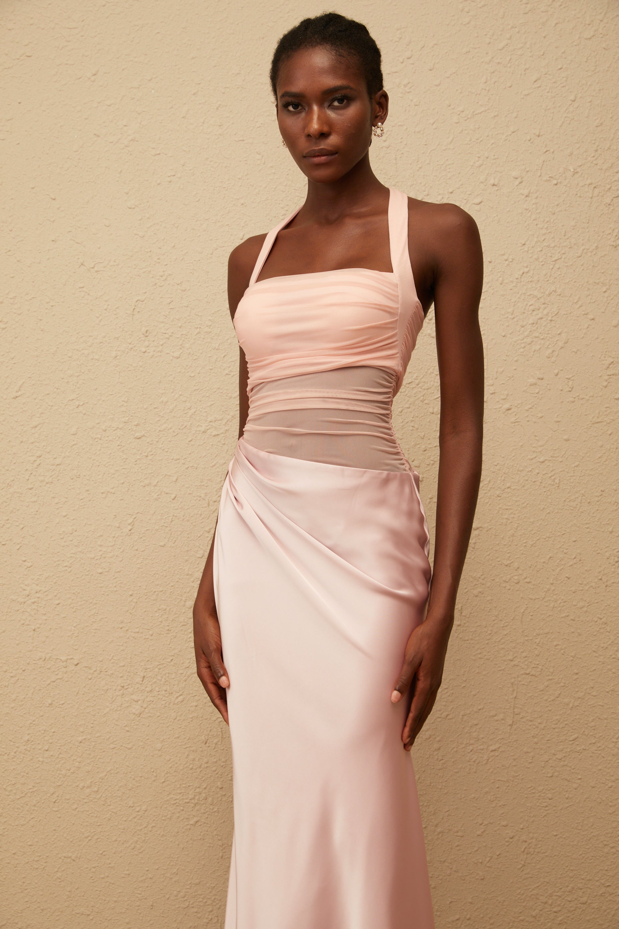 Taina Pink Mesh Panel Ruched Maxi Dress