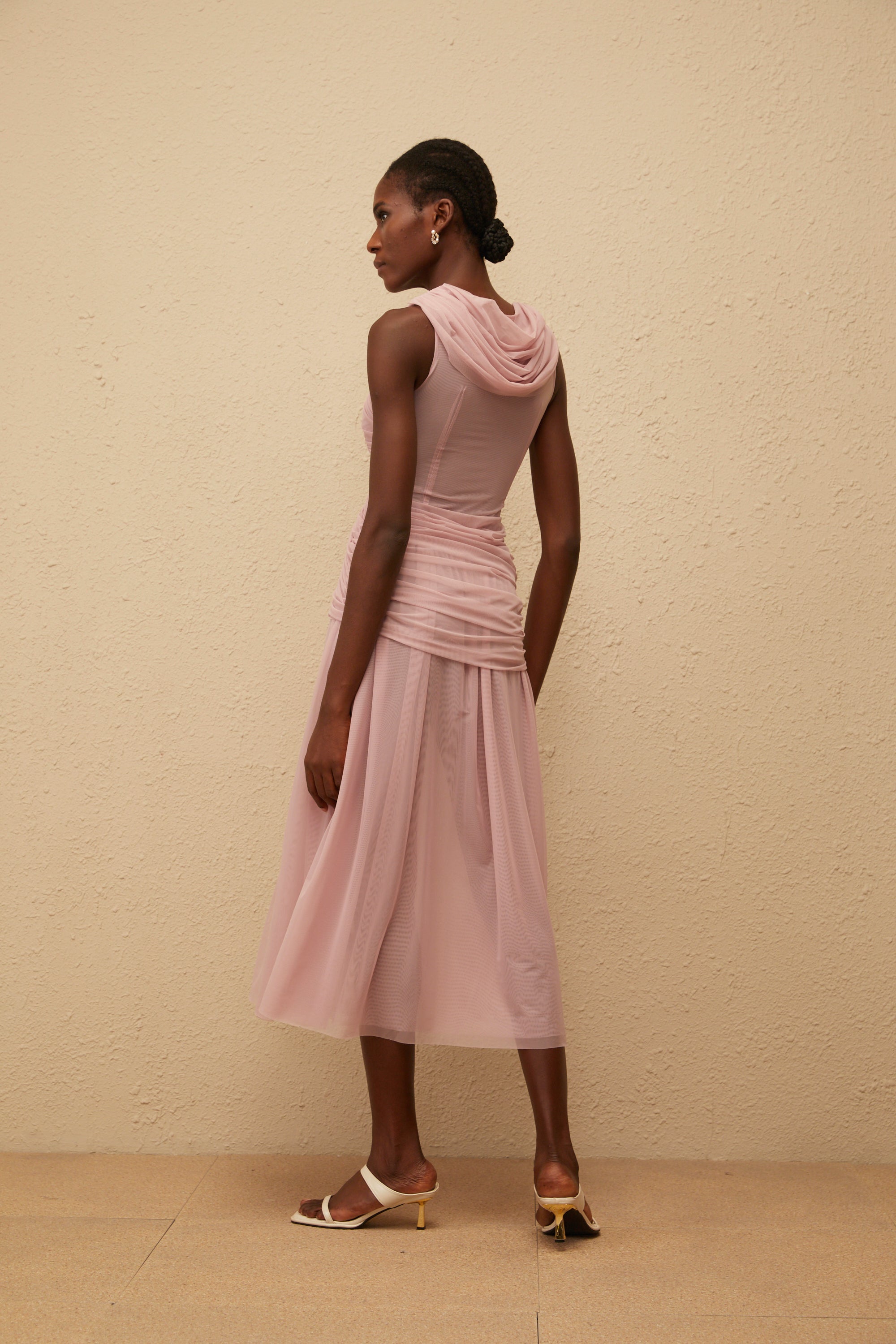 Sérénité Lilac Cross-Over Mesh Midi Dress