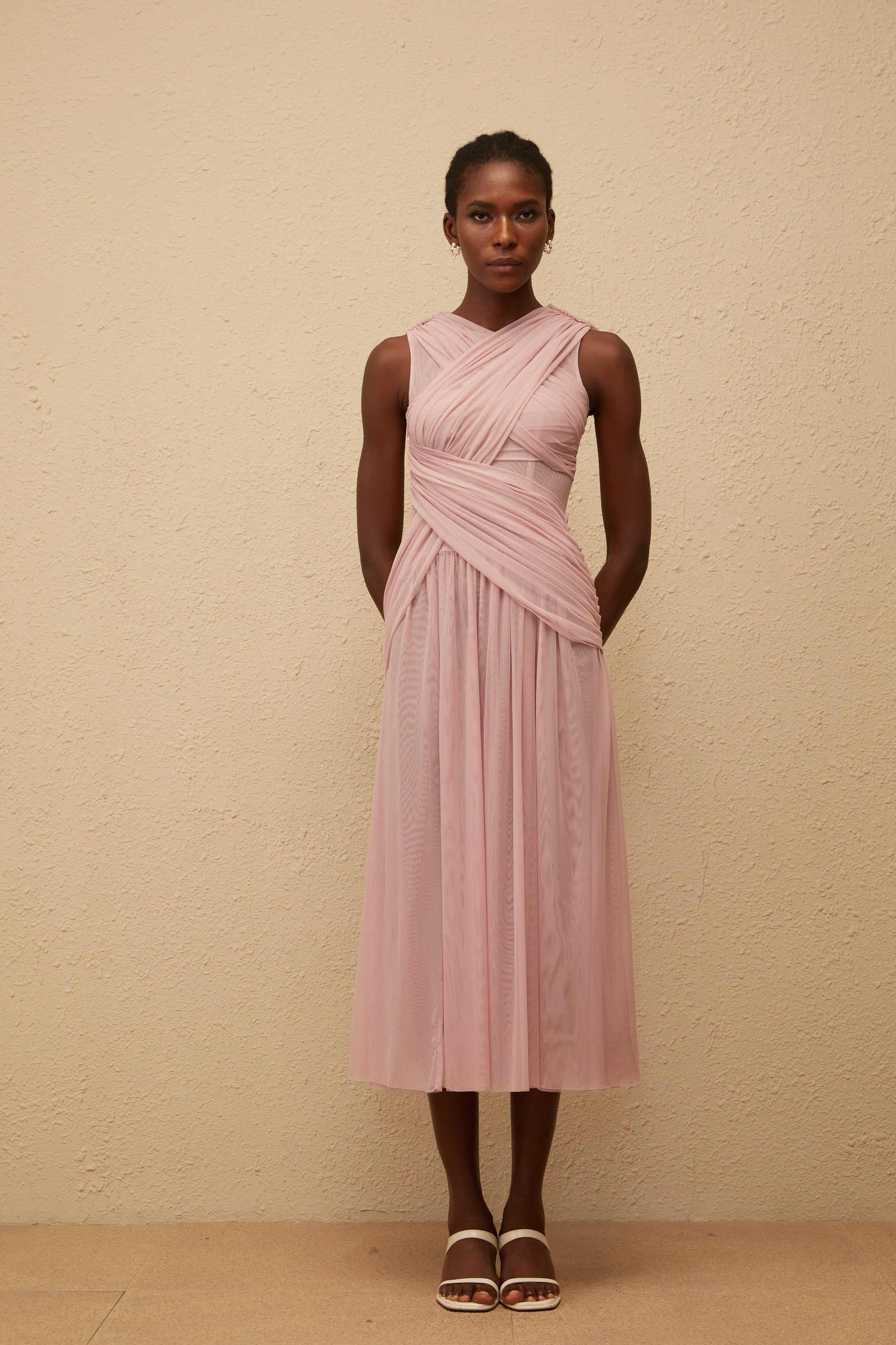 Sérénité Lilac Cross-Over Mesh Midi Dress