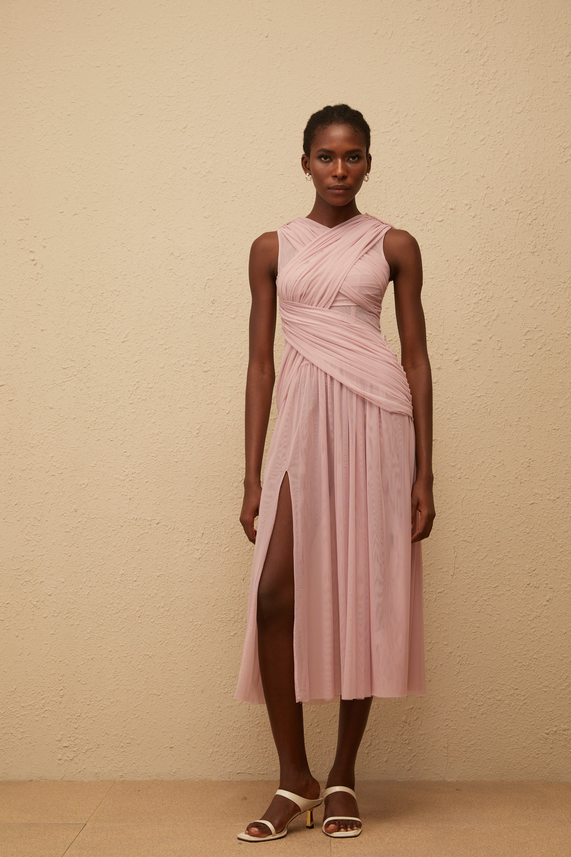Sérénité Lilac Cross-Over Mesh Midi Dress
