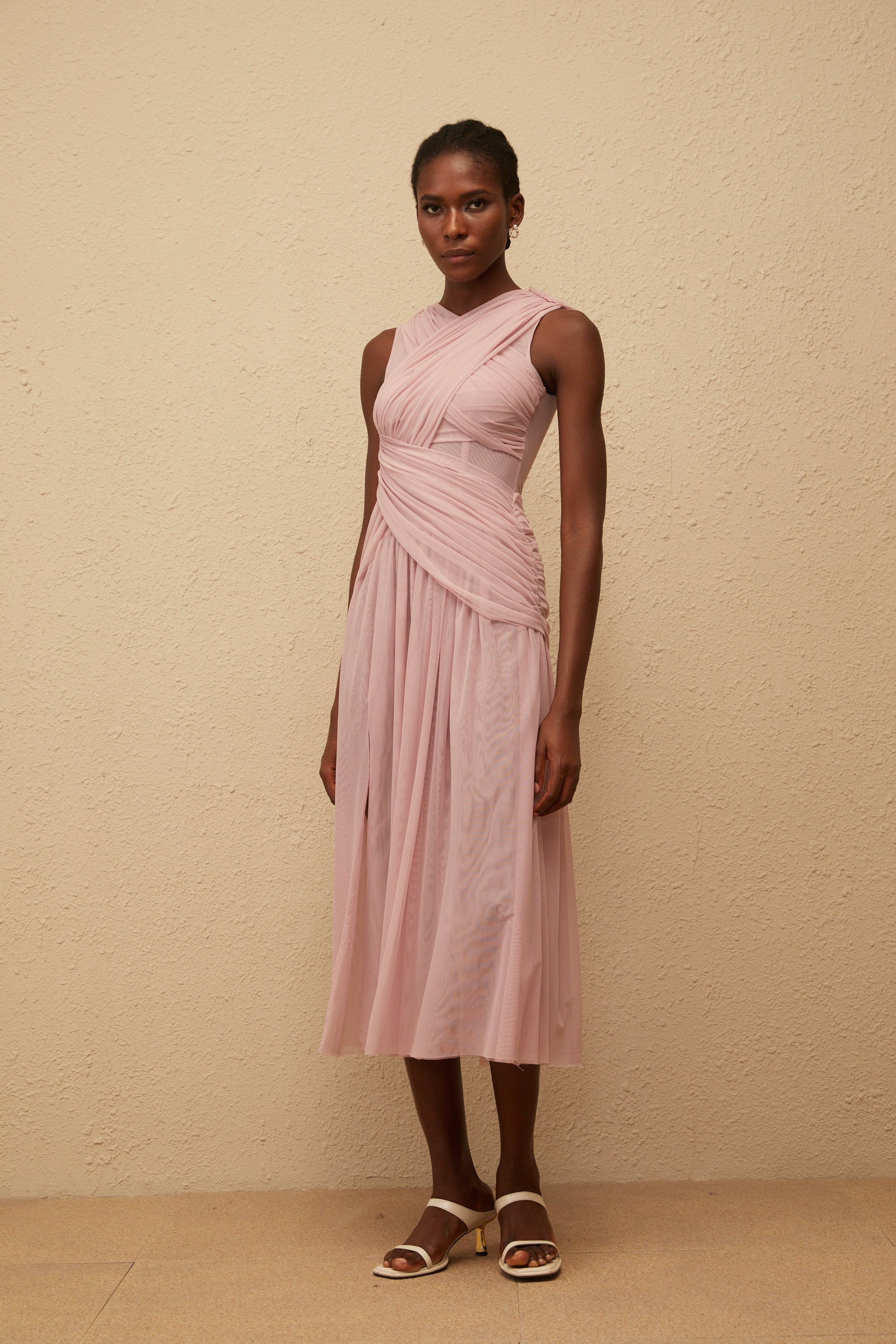 Sérénité Lilac Cross-Over Mesh Midi Dress
