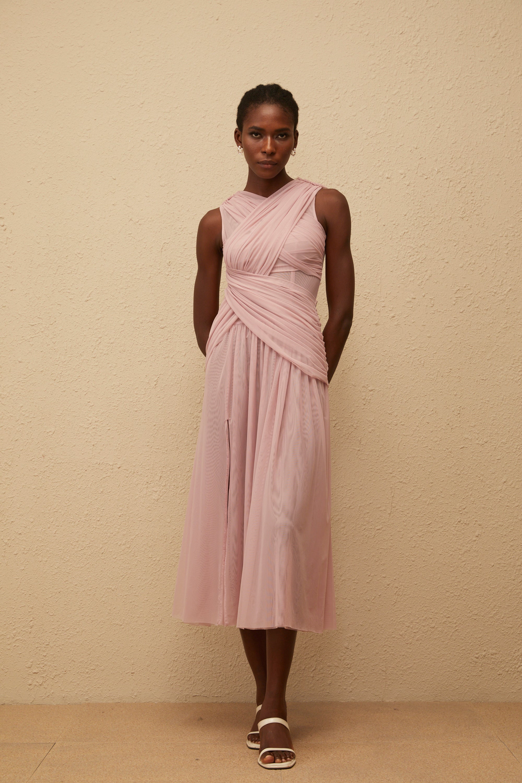 Sérénité Lilac Cross-Over Mesh Midi Dress