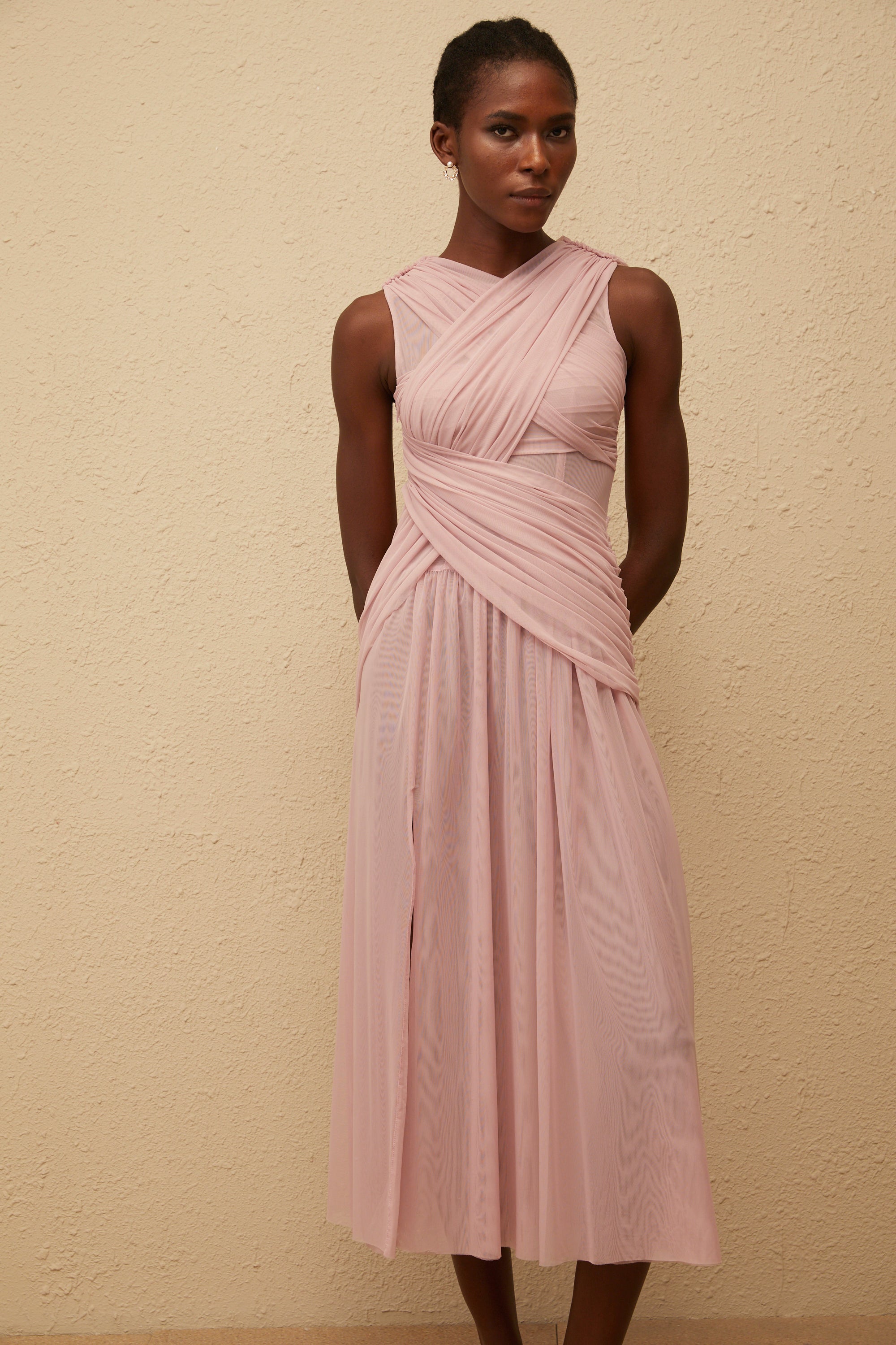 Sérénité Lilac Cross-Over Mesh Midi Dress