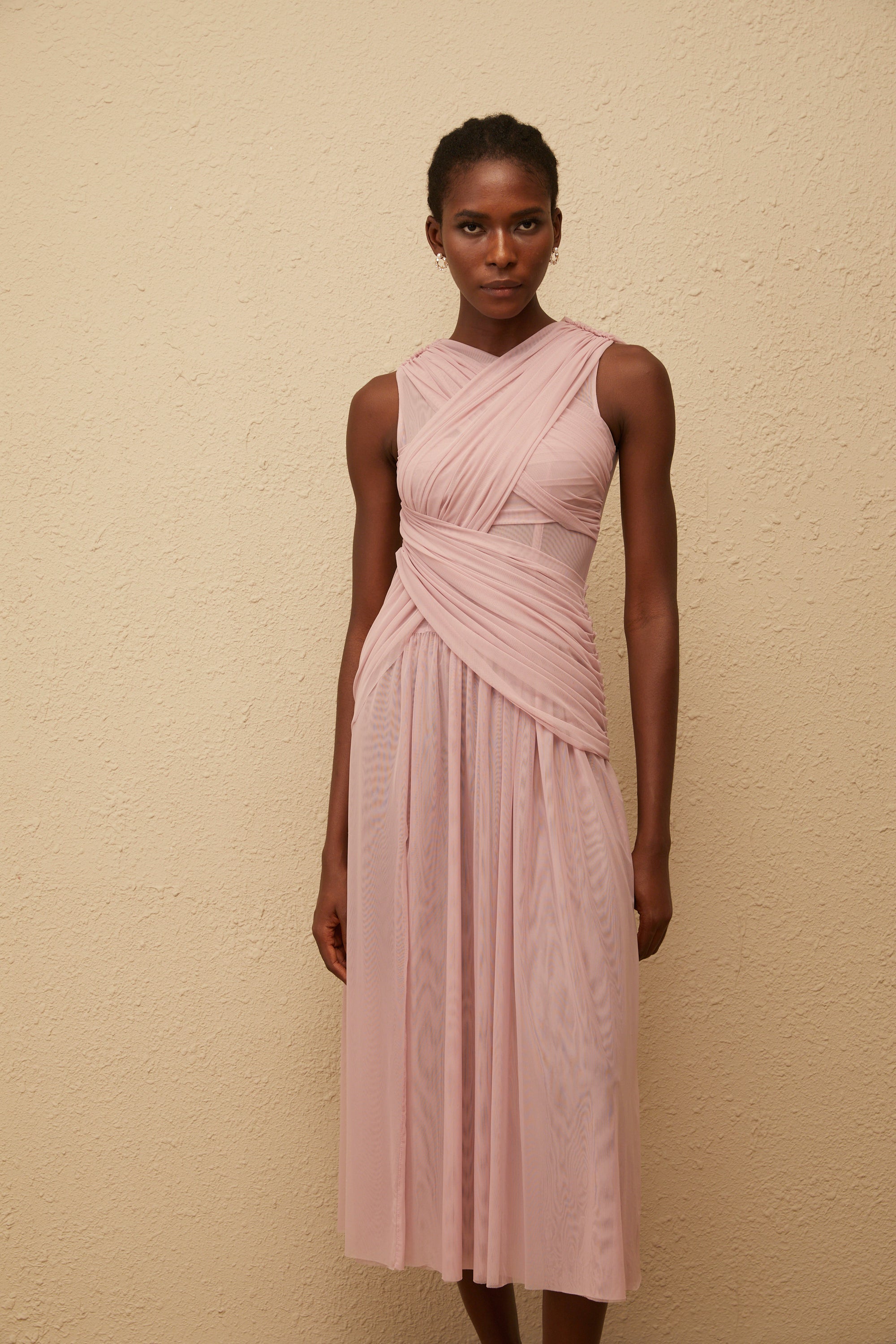 Sérénité Lilac Cross-Over Mesh Midi Dress