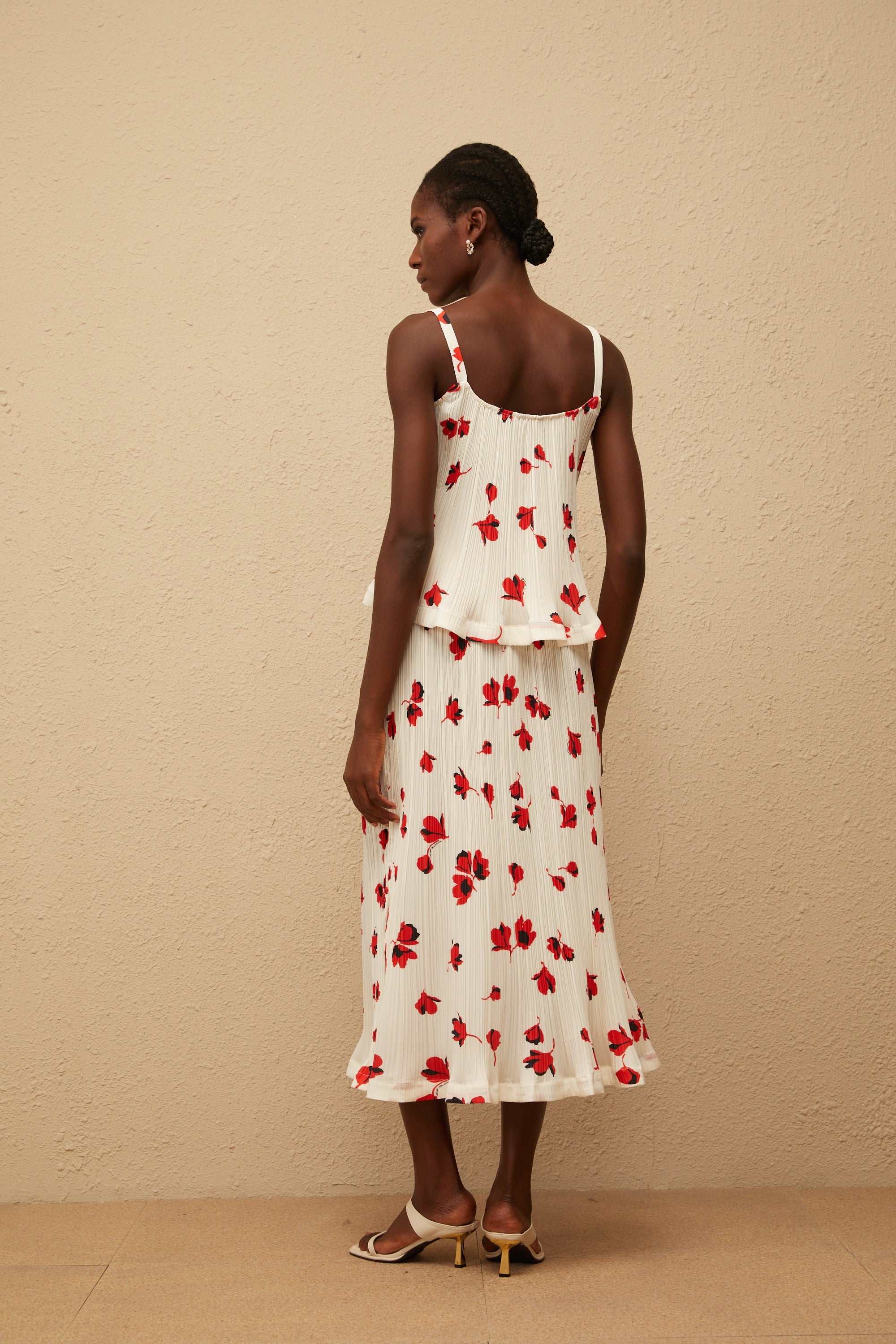 Cerise White Pleated Floral Print Top & Skirt Set