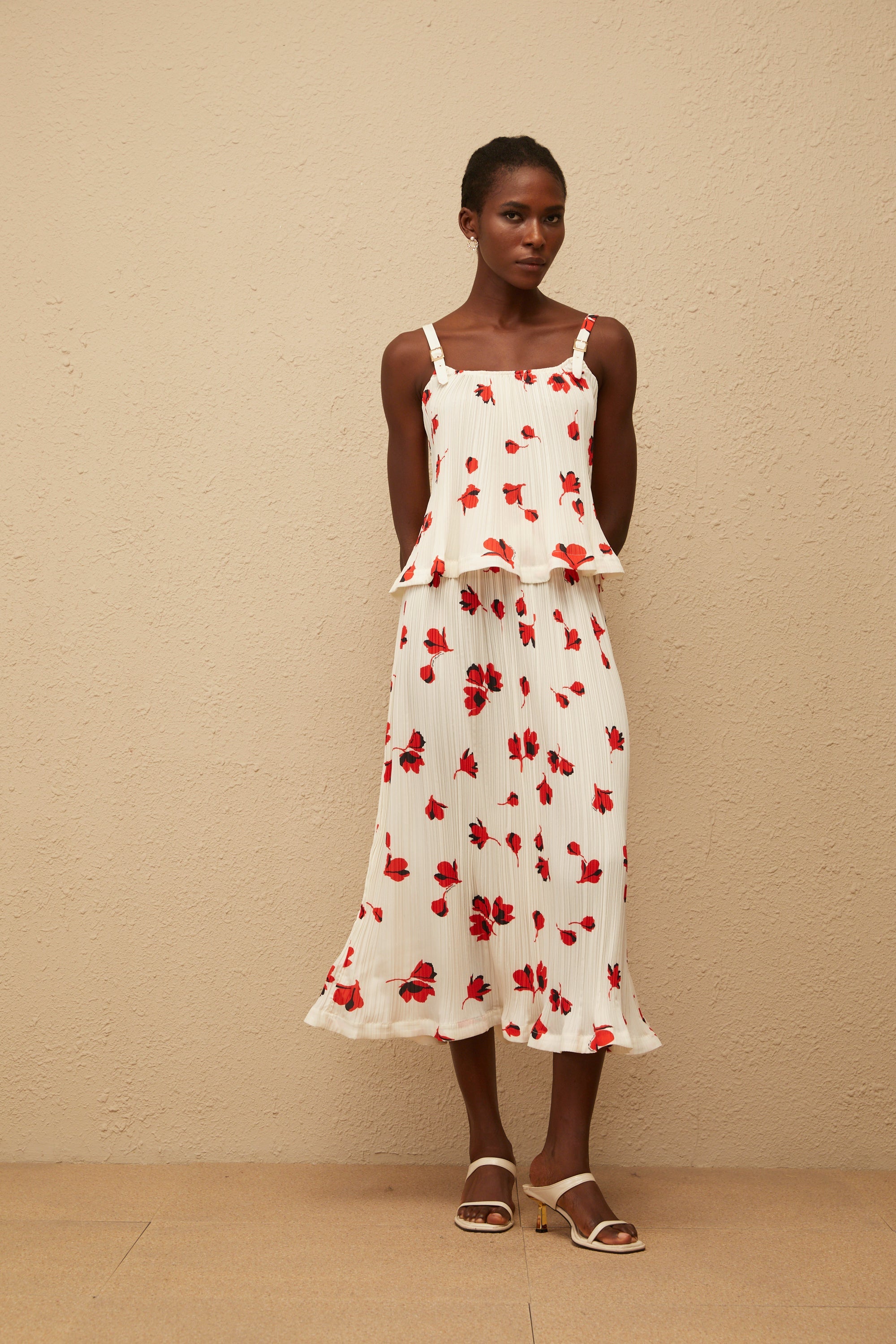 Cerise White Pleated Floral Print Top & Skirt Set