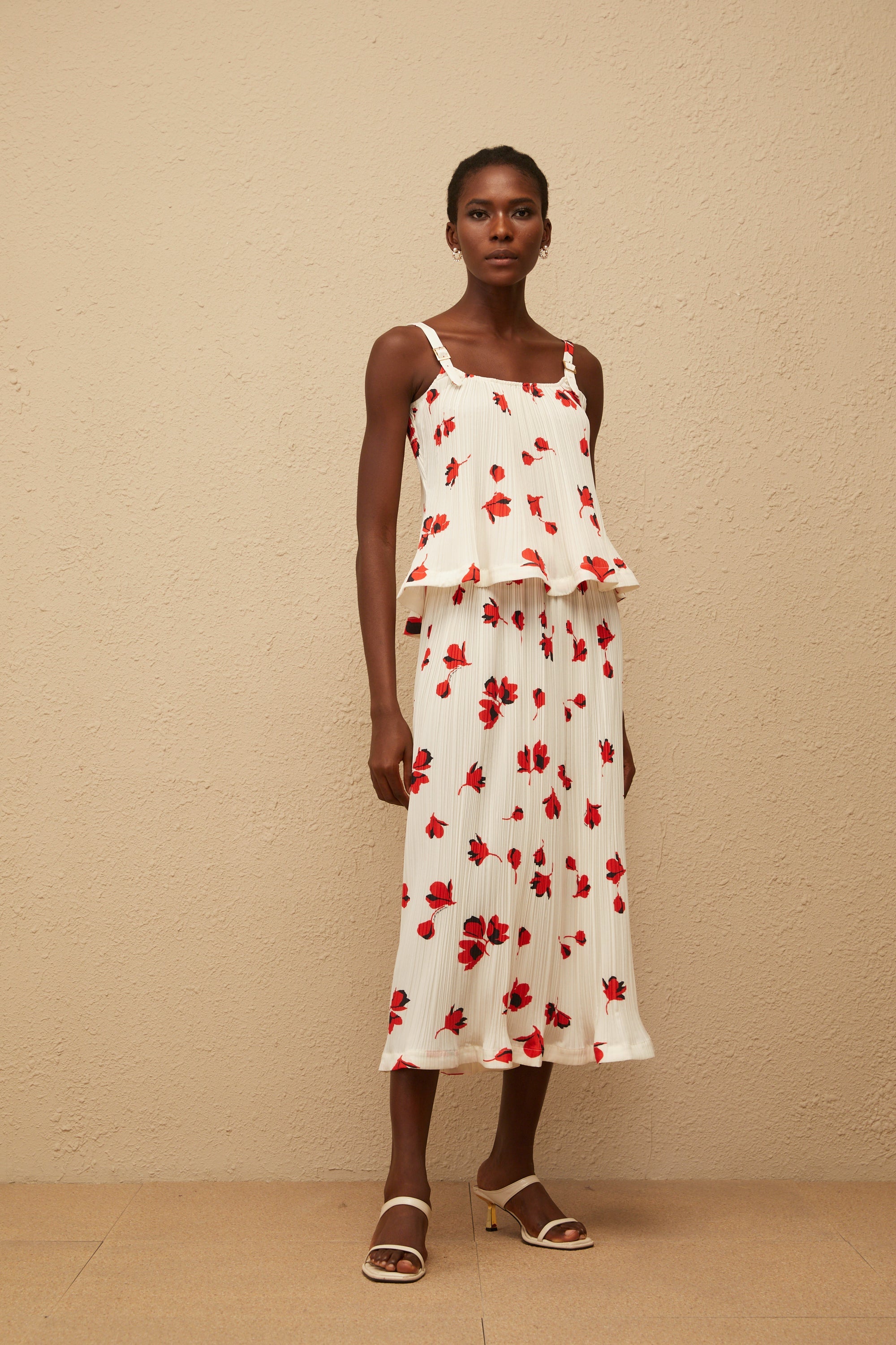 Cerise White Pleated Floral Print Top & Skirt Set