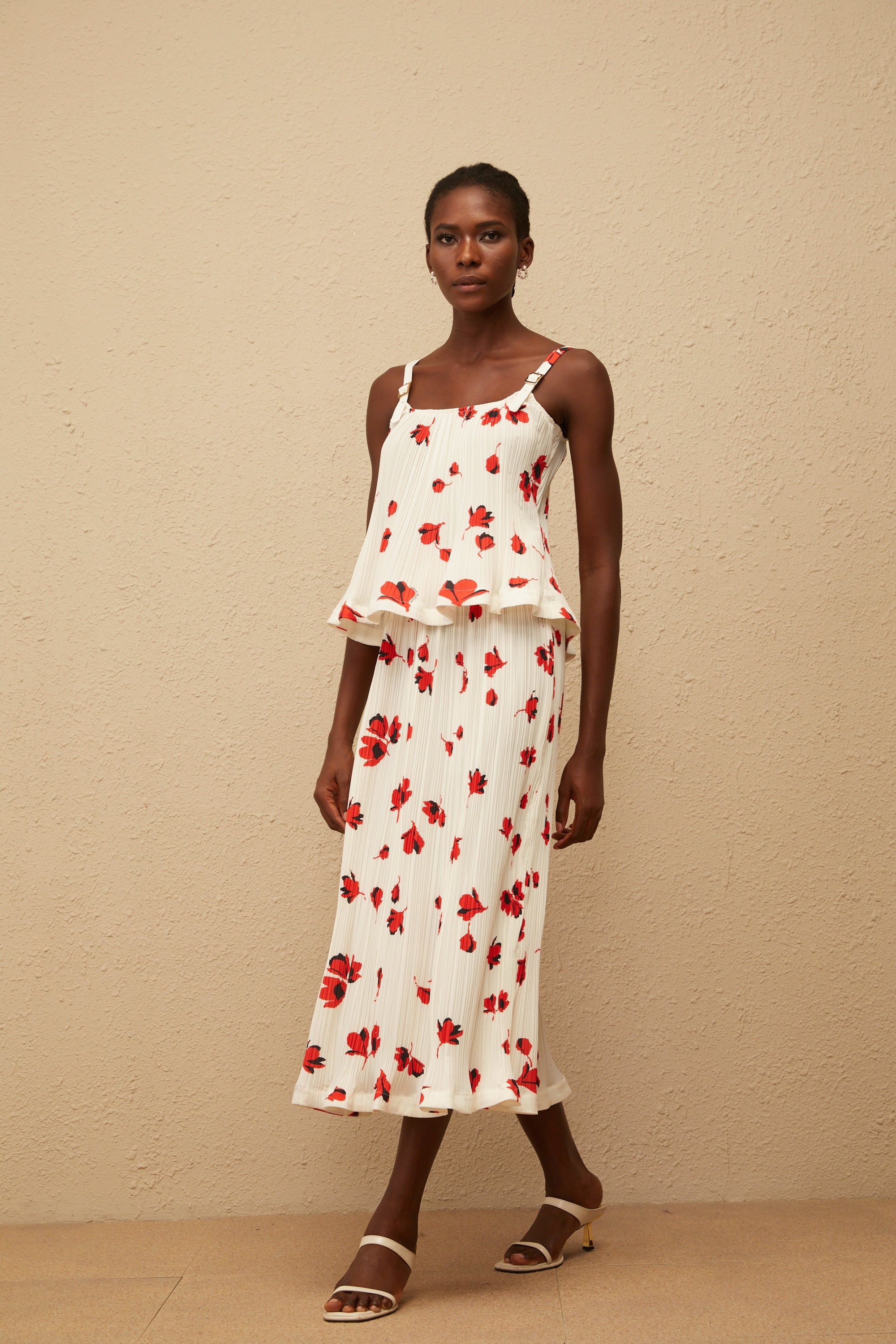 Cerise White Pleated Floral Print Top & Skirt Set
