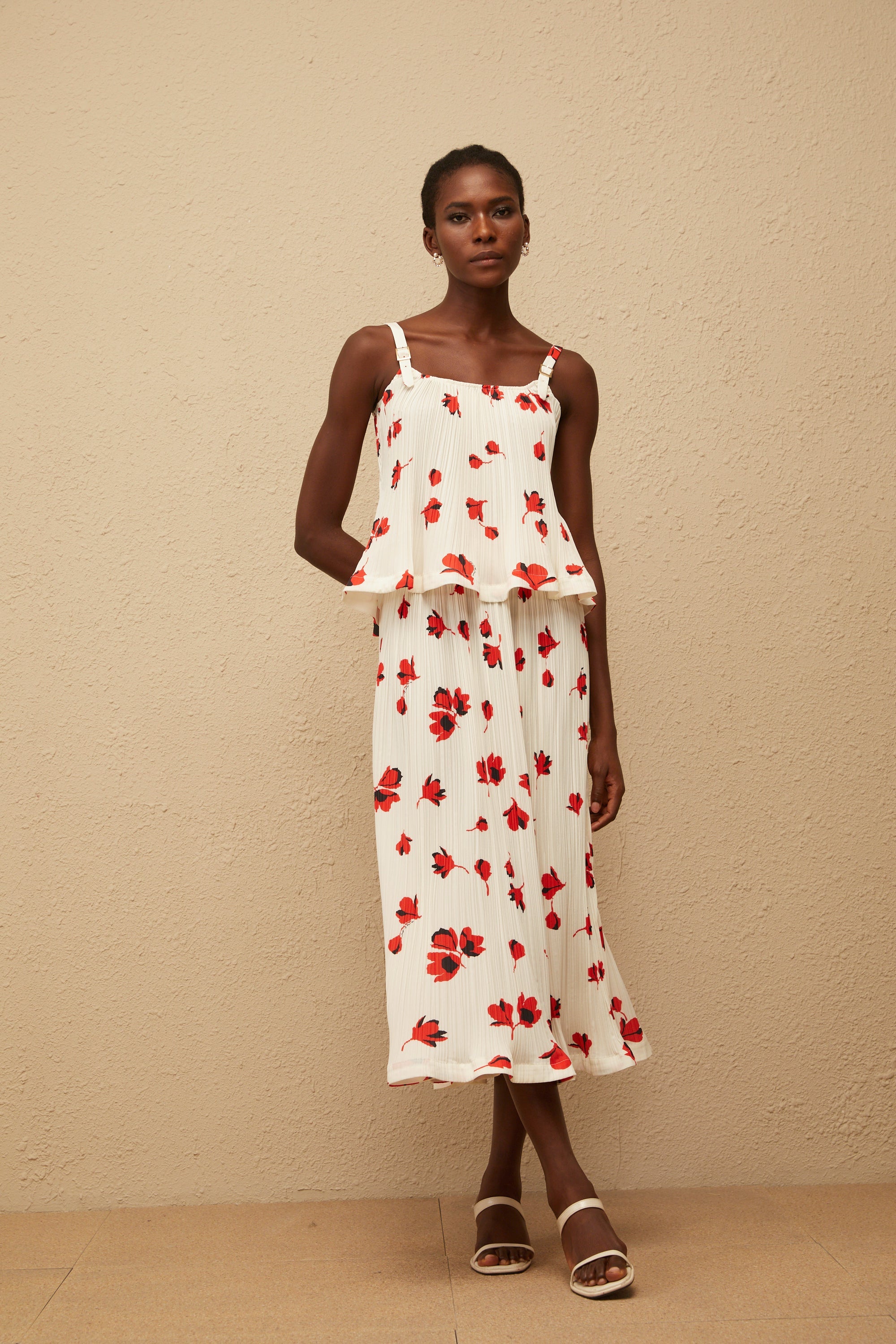 Cerise White Pleated Floral Print Top & Skirt Set