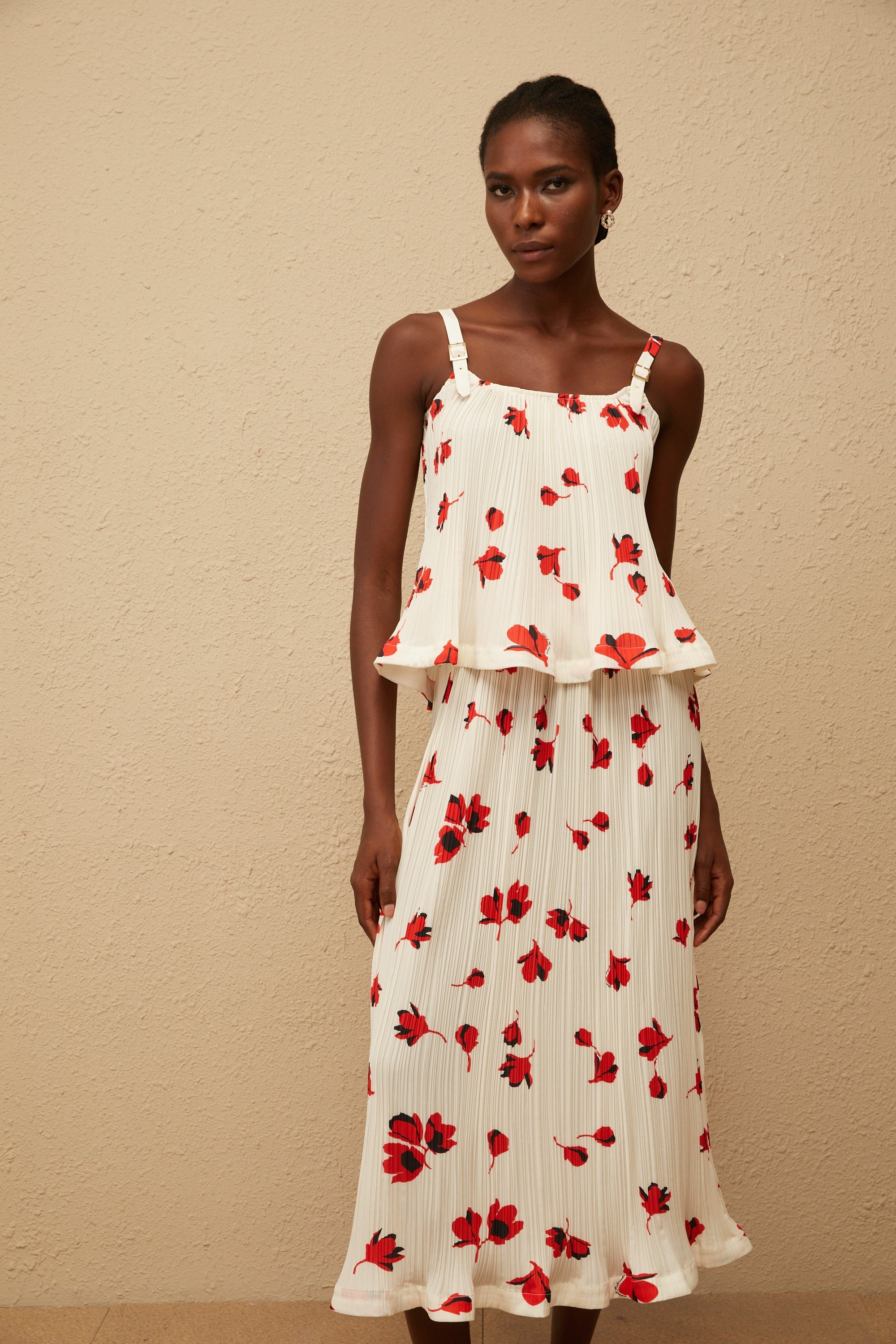 Cerise White Pleated Floral Print Top & Skirt Set