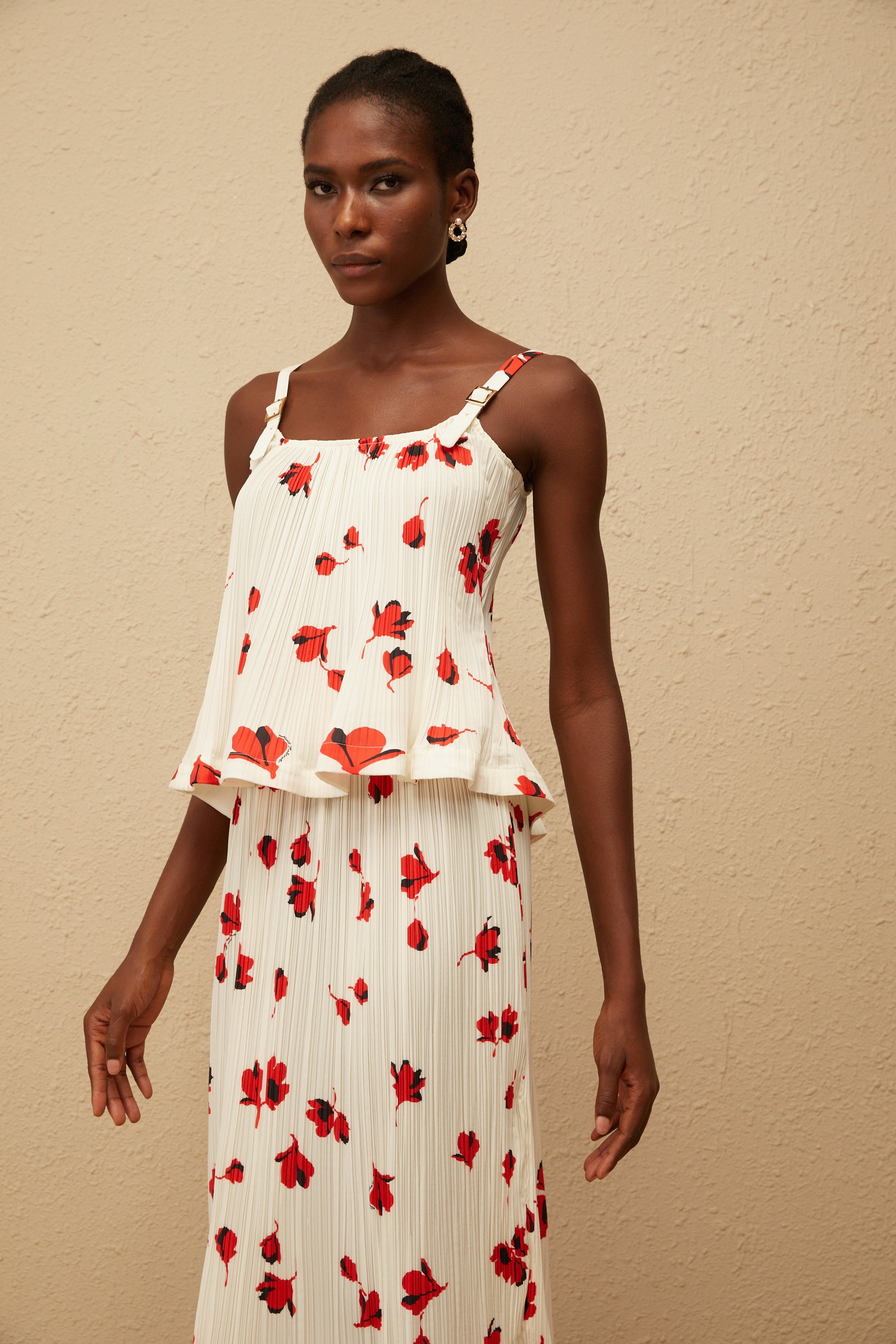 Cerise White Pleated Floral Print Top & Skirt Set