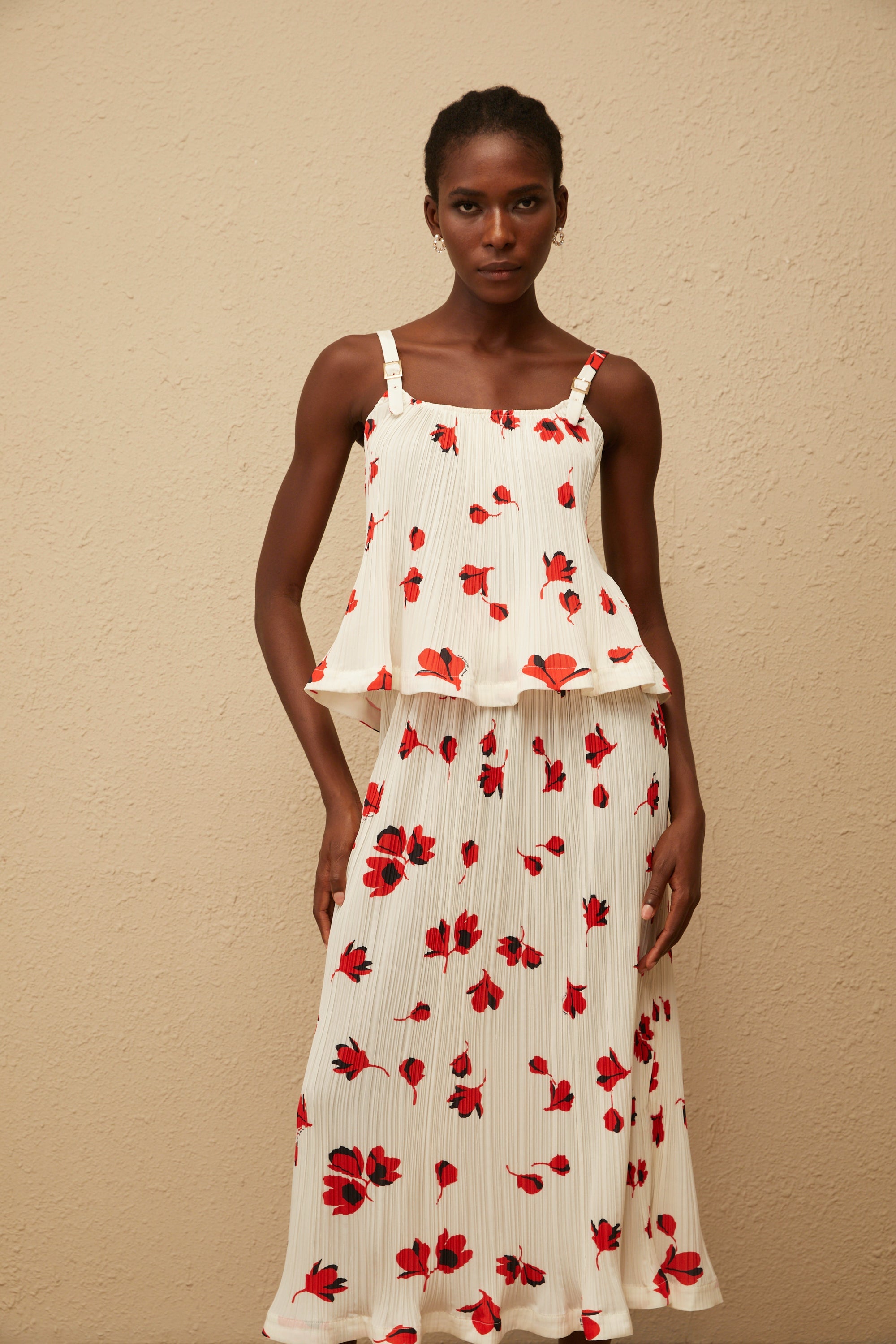 Cerise White Pleated Floral Print Top & Skirt Set