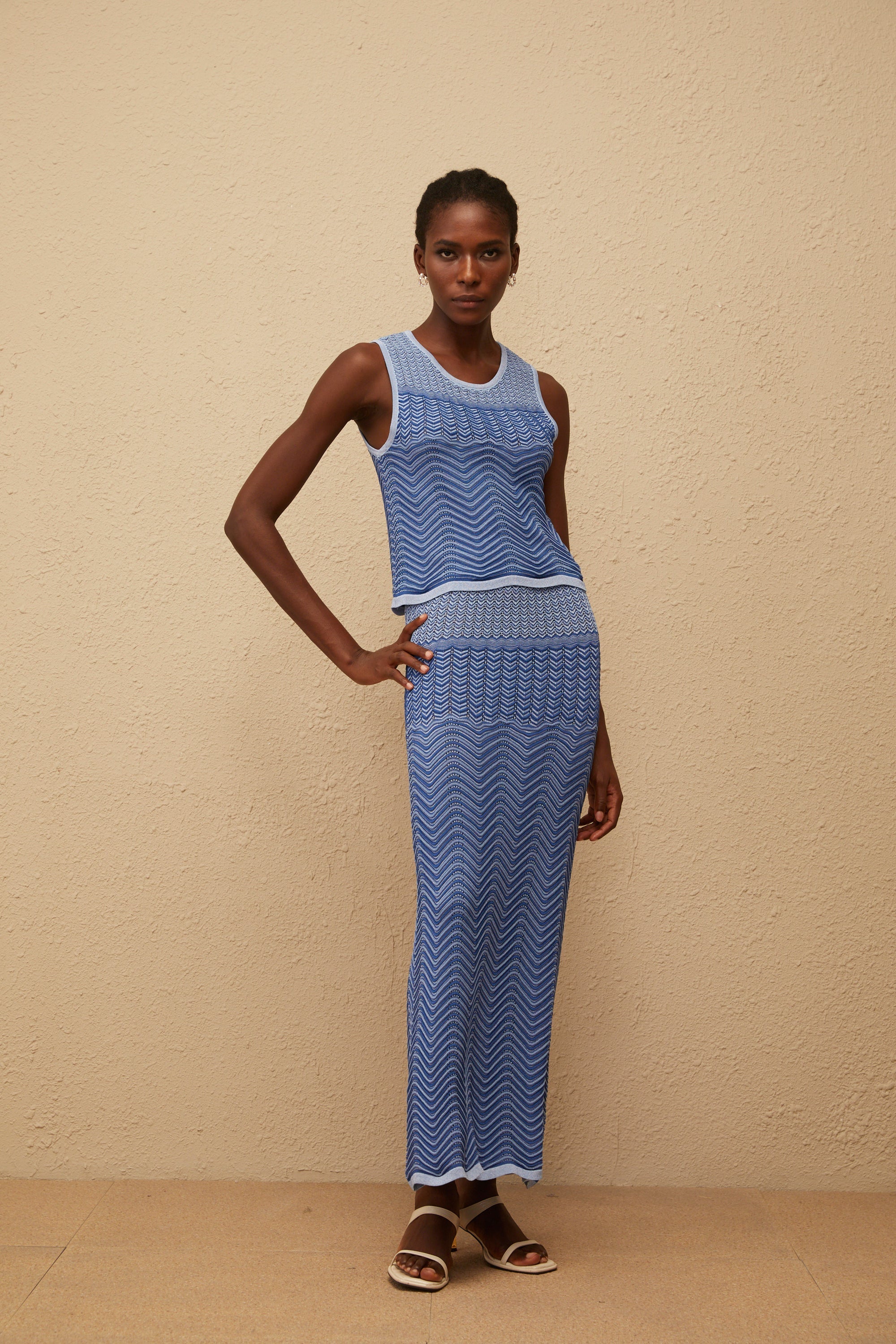 Graphique Blue Wavy Crochet Knit Top & Skirt Co-ord