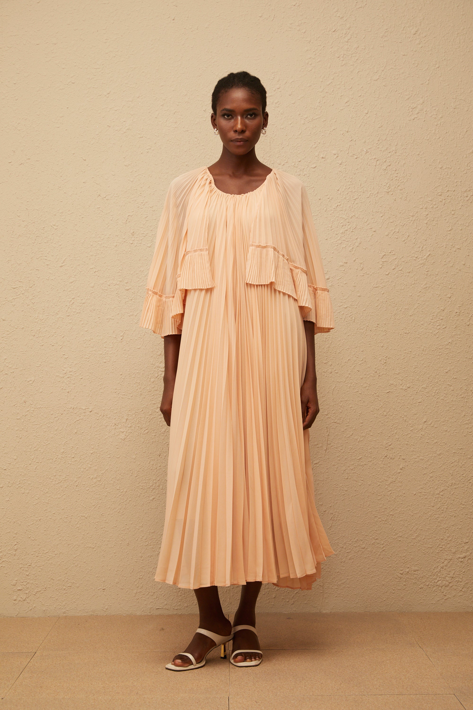 Urbaine Pink Cape Design Pleated Chiffon Midi Dress