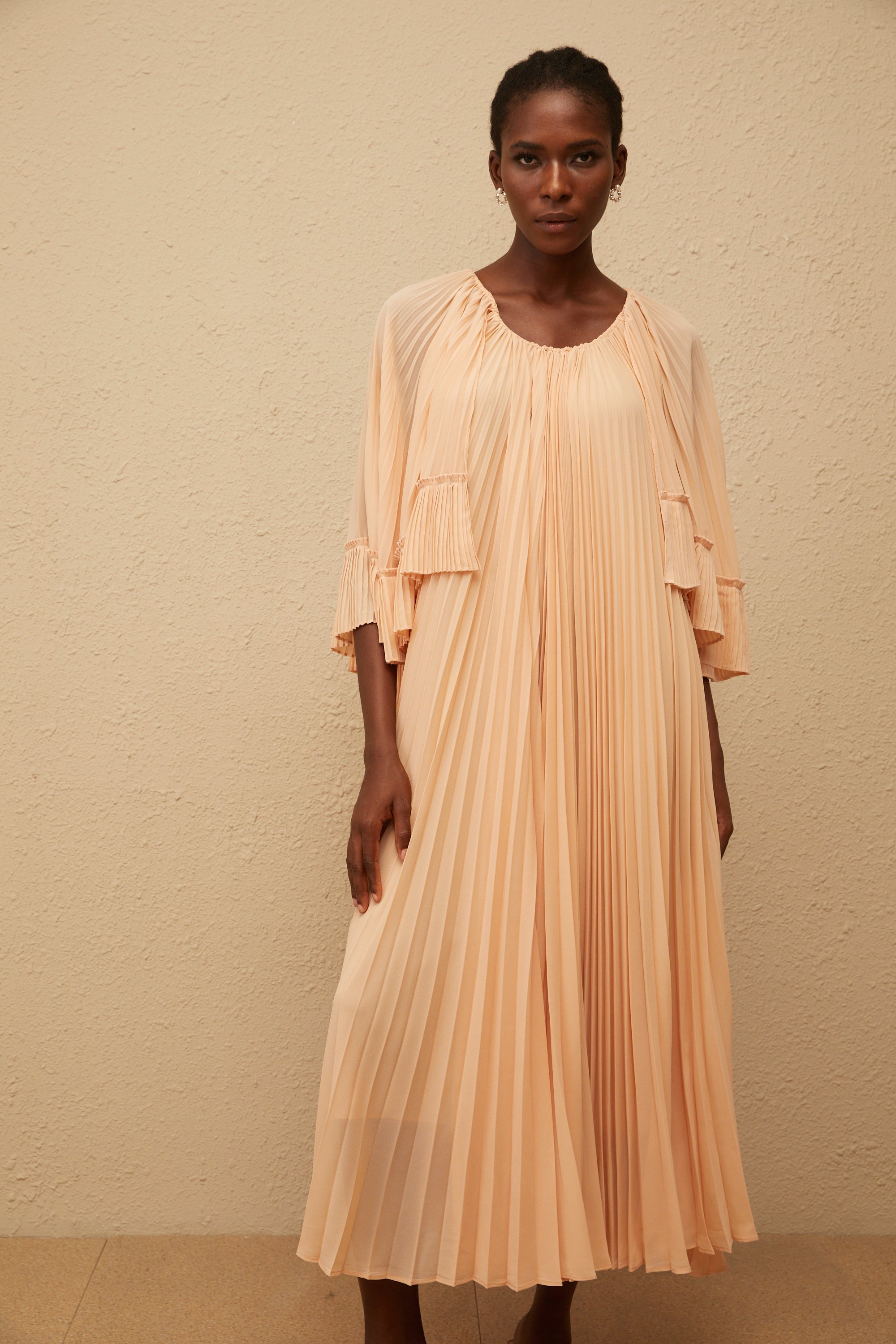 Urbaine Pink Cape Design Pleated Chiffon Midi Dress