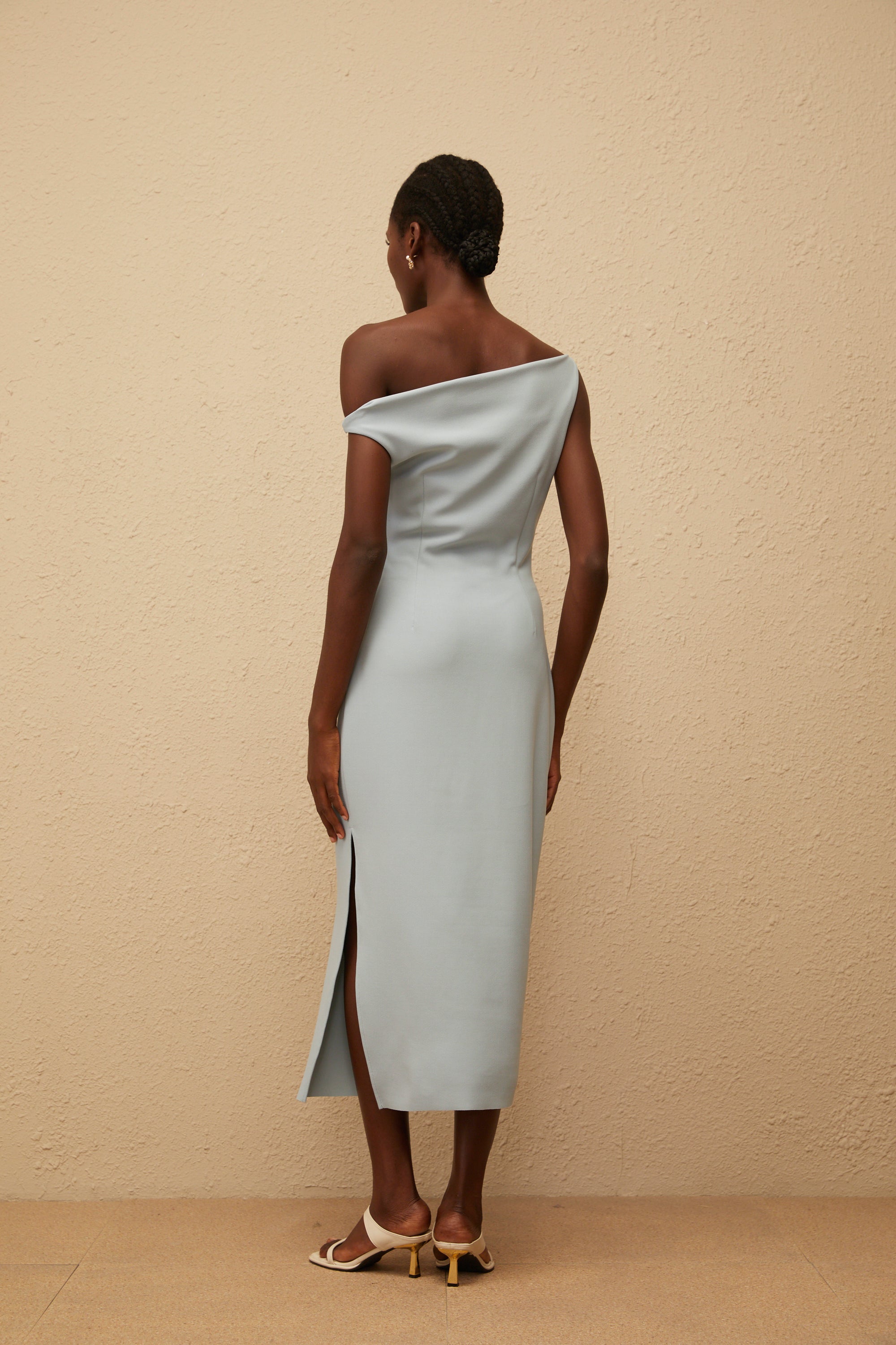 Dagny Blue One Shoulder Gathered Midi Dress (Final Sale)