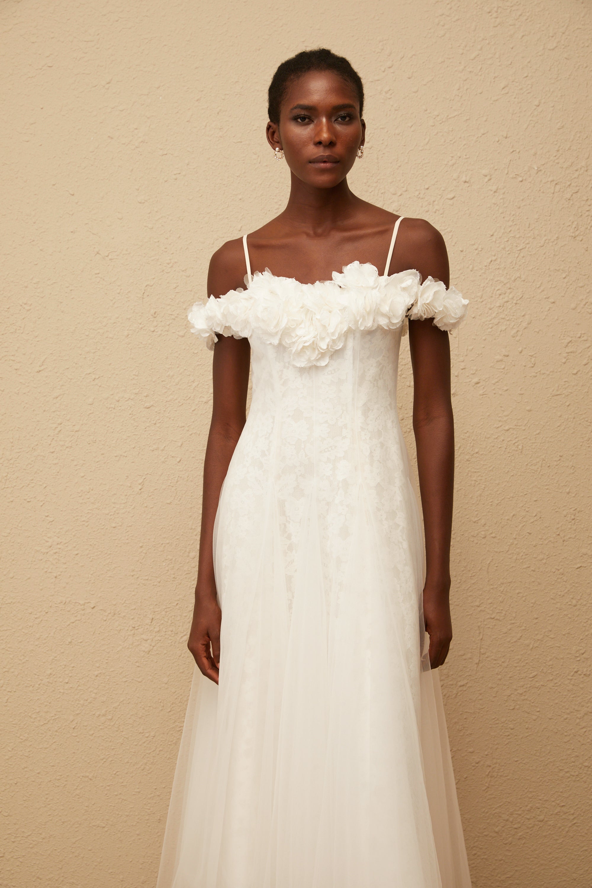 Athena White Floral Appliqué Tulle Maxi Dress